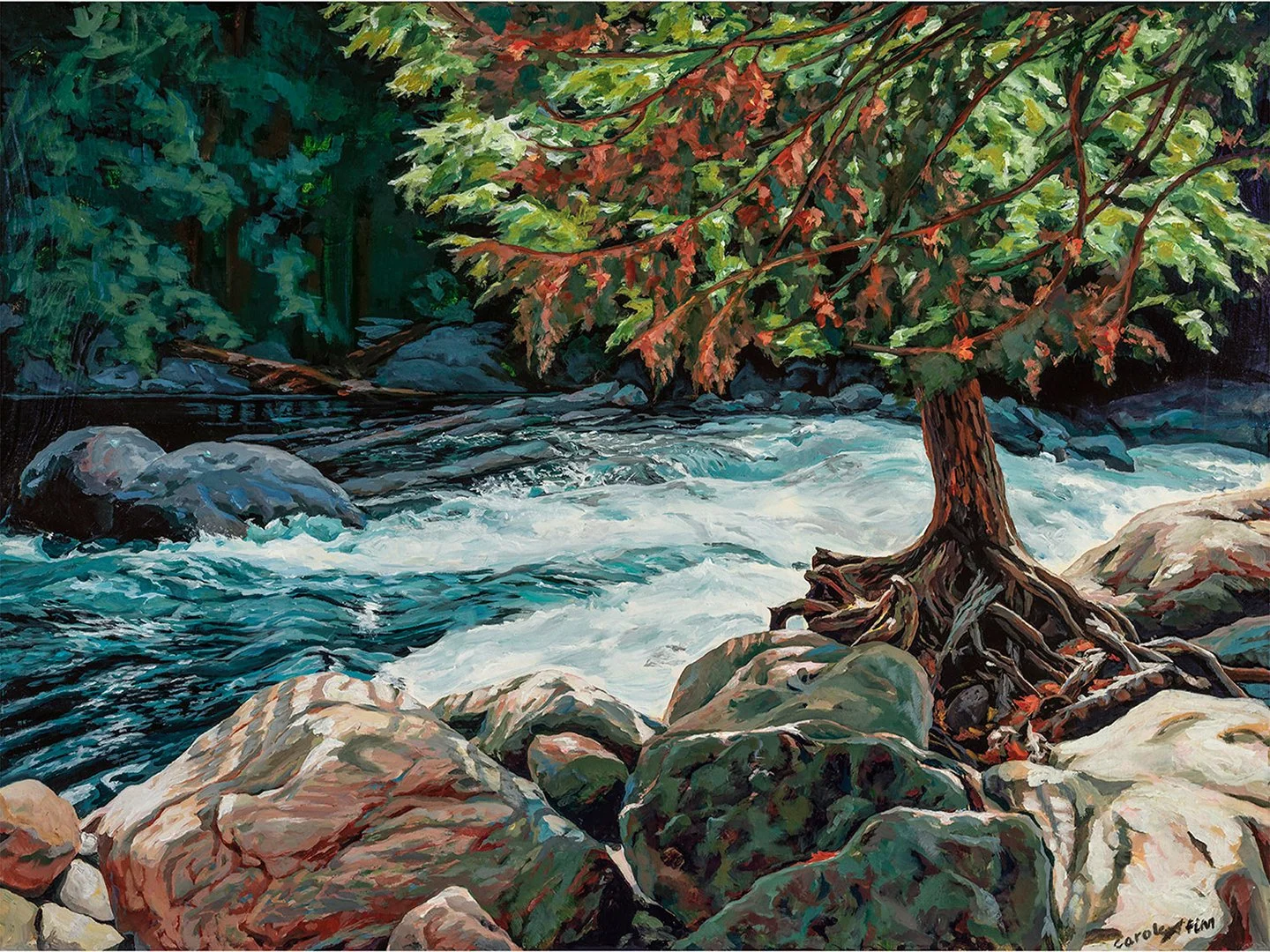 Kayak Trail along White water, rapids,falls, rocks , Fall tree,Kayak Slalom Course, Minden, Ontario, acrylic landscape., Painted by Carole Finn