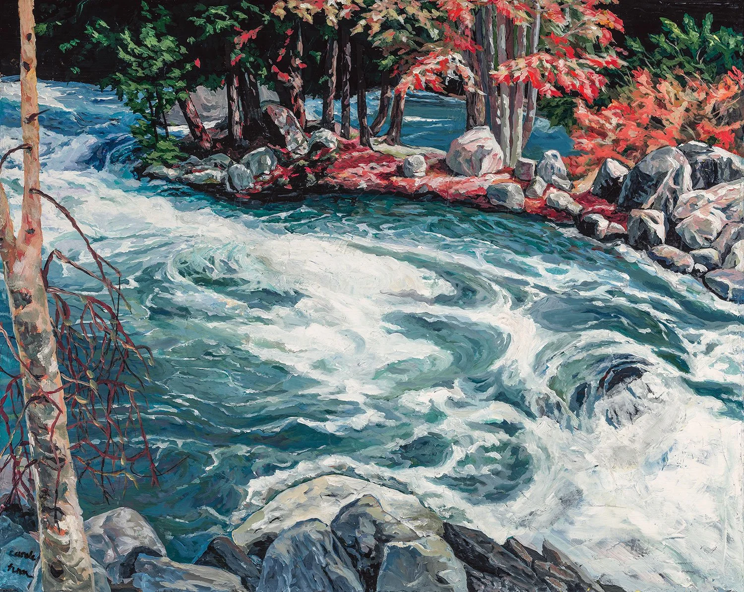 Trail along white water, kayak slalom course, Minden, Ontario,acrylic landscape., Painted by Carole Finn