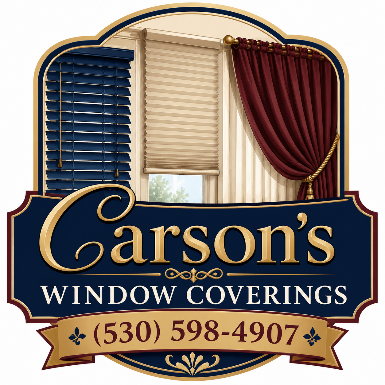 Logo for Carson's Window Coverings featuring an illustration of various window treatments, including blinds and curtains, with contact information.