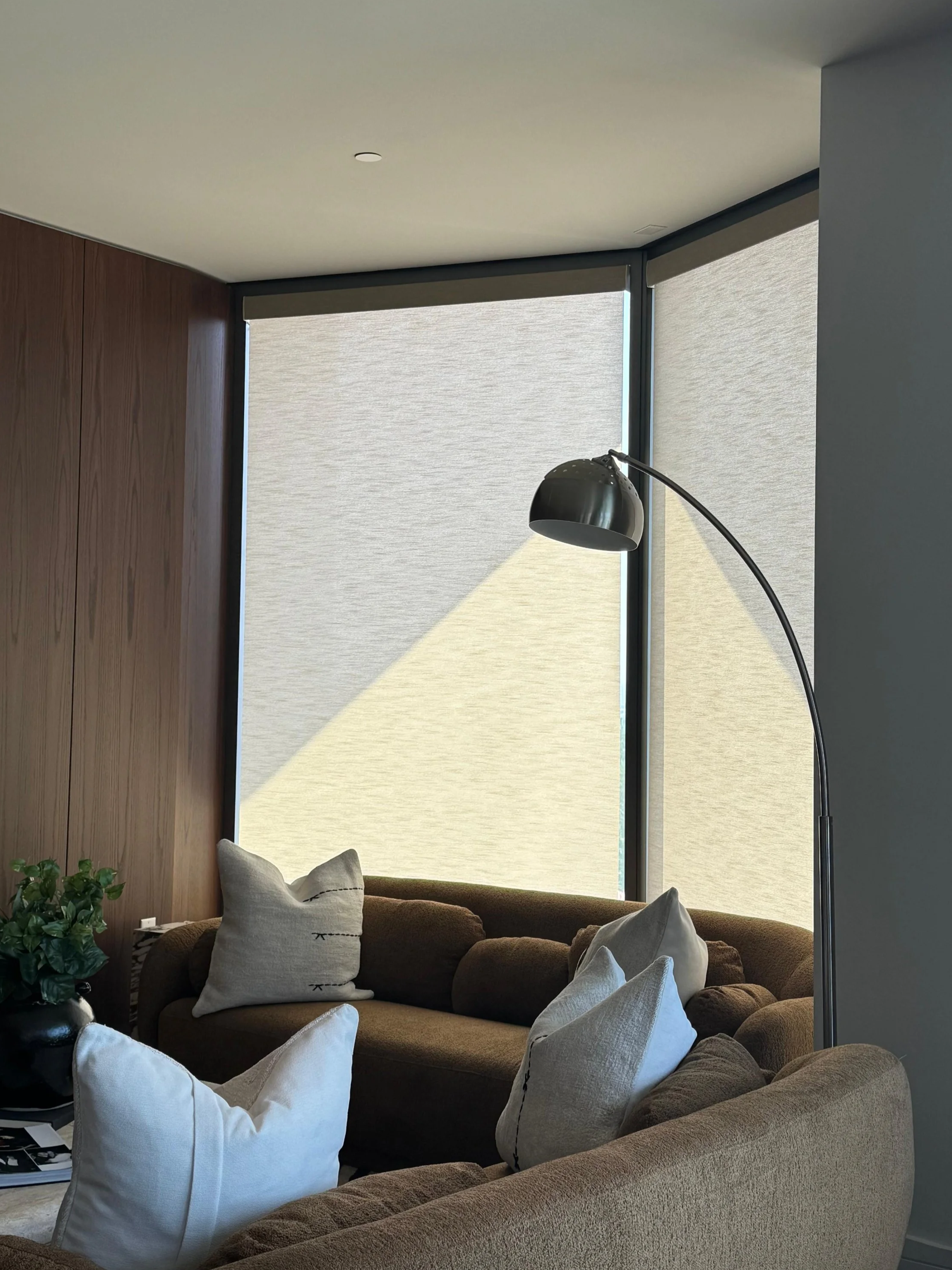 A cozy living room with two brown sofas and multiple pillows, large windows with beige roller shades, a black floor lamp, and a small green potted plant.