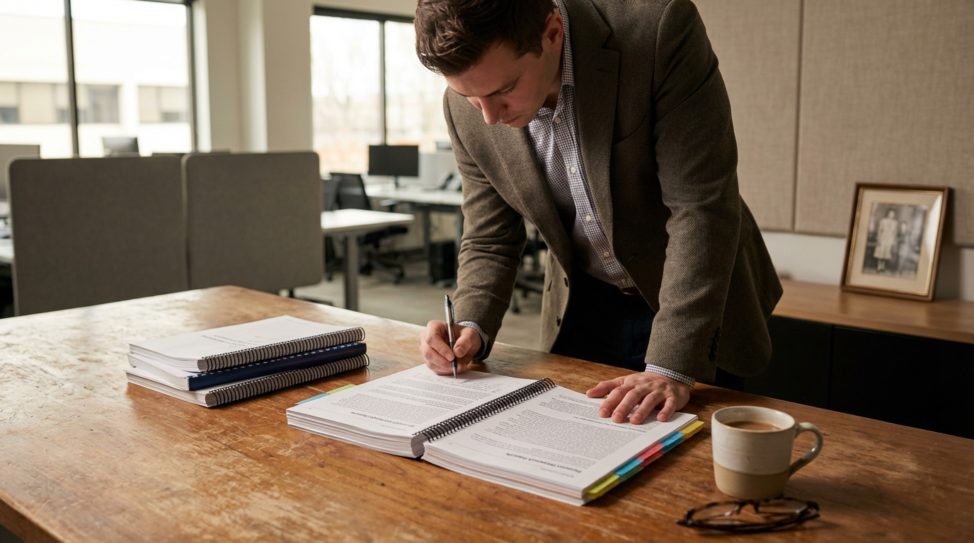 A man in a gray blazer writing on a document at a wooden desk in an office, with a coffee mug nearby and stacks of papers.