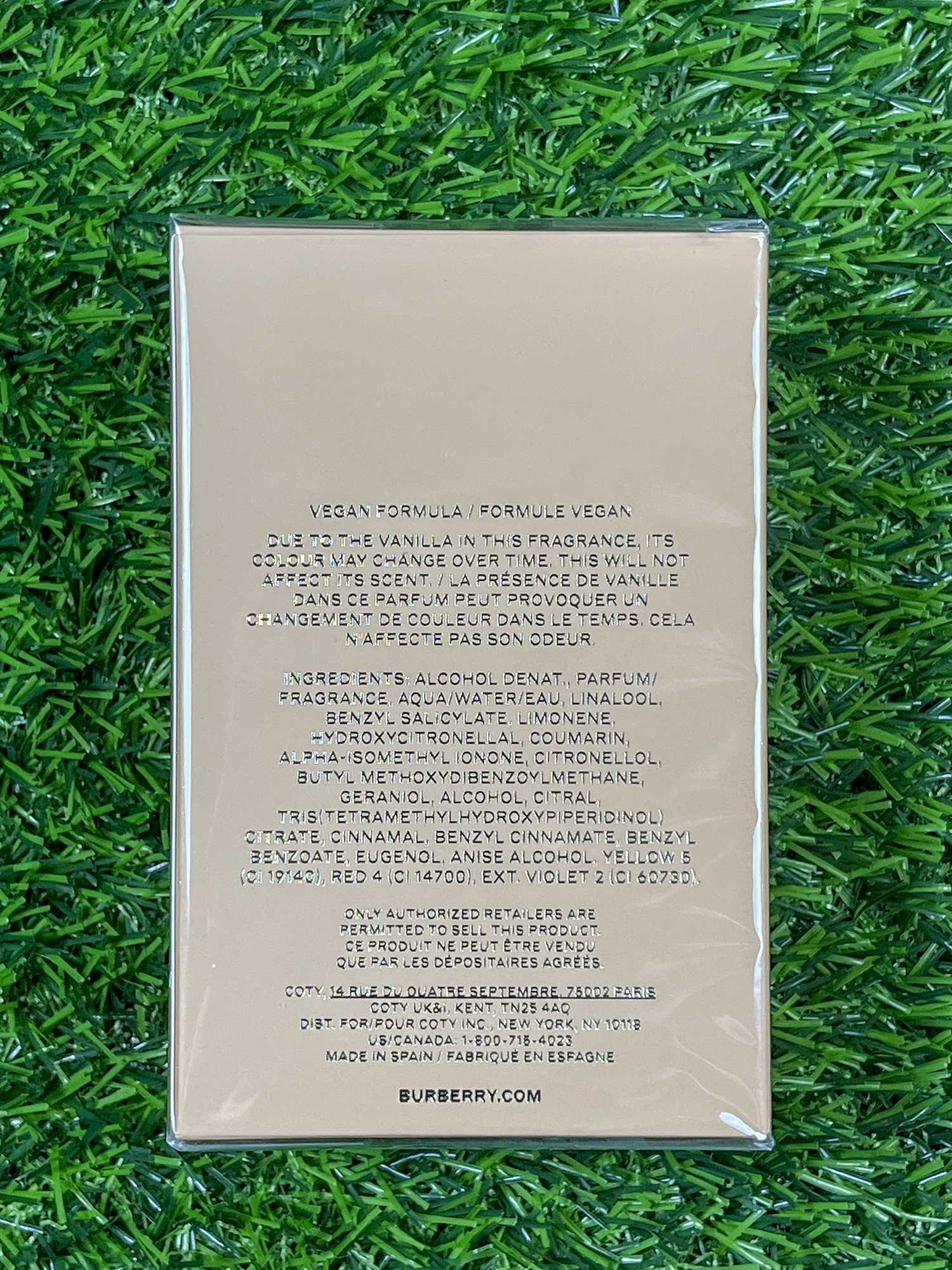Burberry Goddess Intense, 100 ml — rear of sealed box showing ingredient information