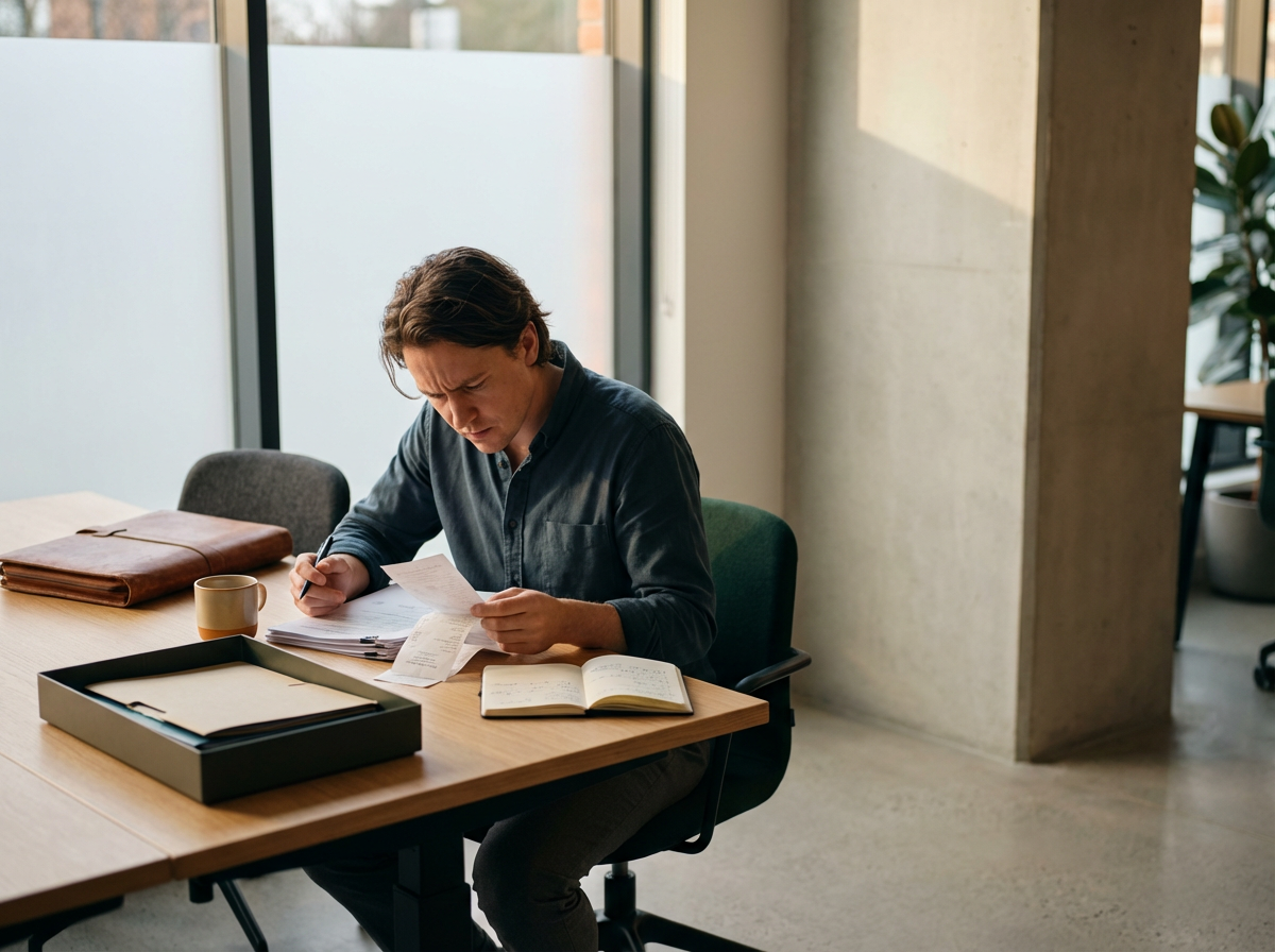 Man sitting at a desk, looking frustrated while reviewing receipts and documents in a modern office.
