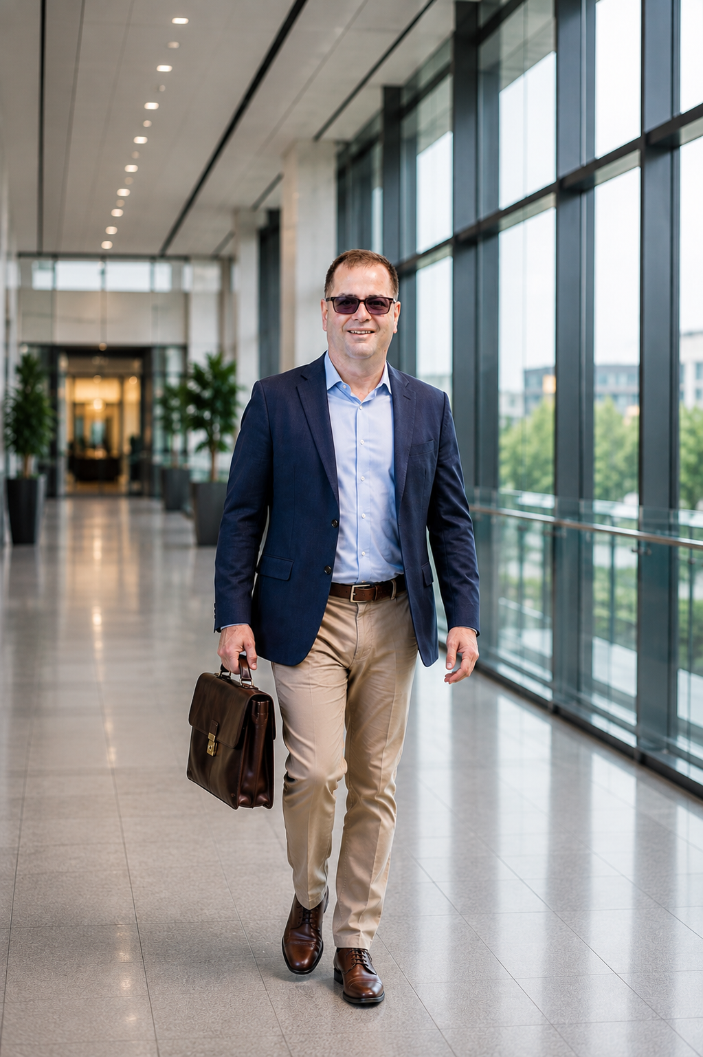 A middle-aged man in business attire, carrying a briefcase, walking through a modern office building with large windows and plants.