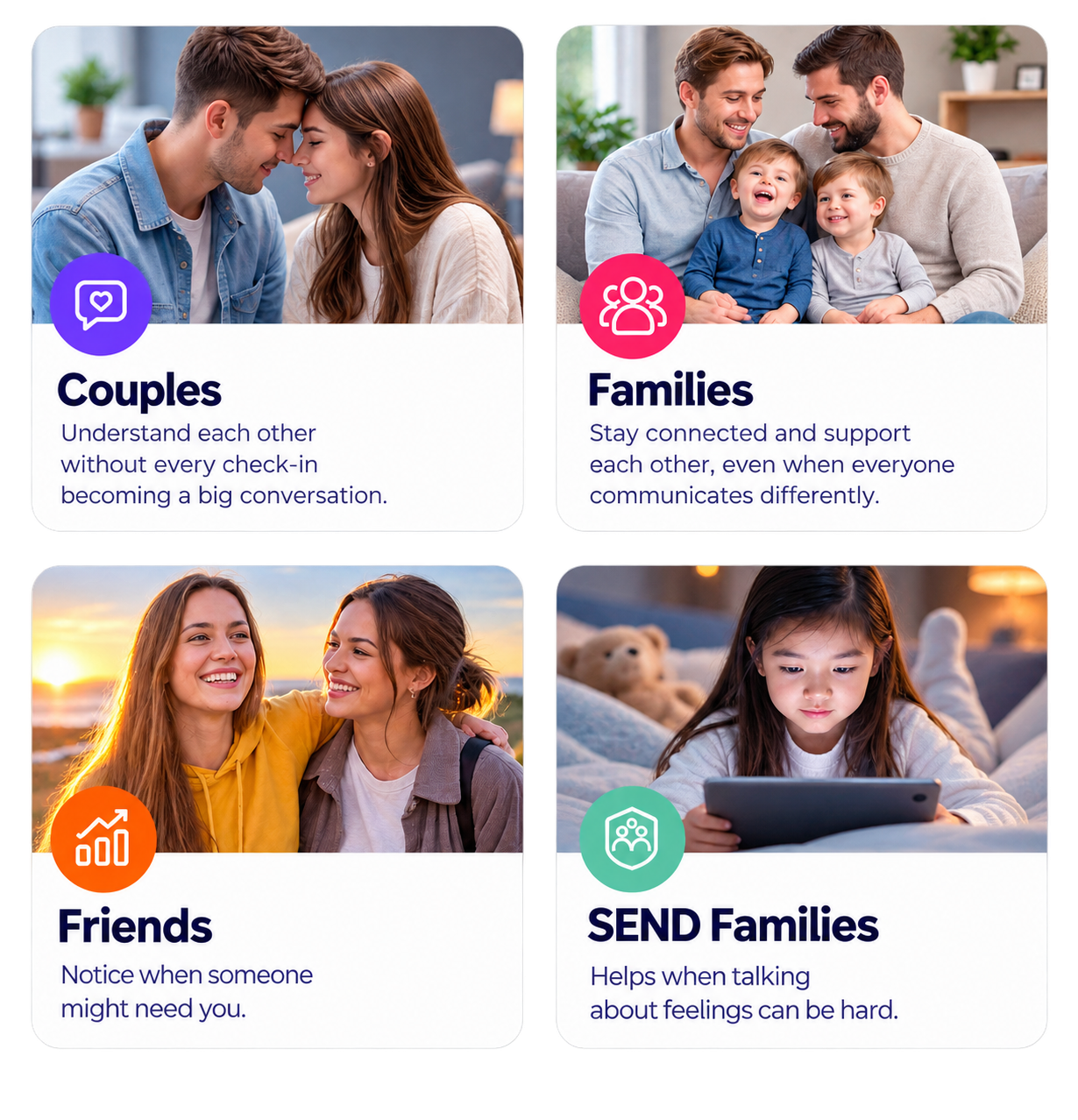 Four sections of a mobile app interface with images and text about different social groups: Couples, Families, Friends, and SEND Families. Each section includes a photo and a brief description of supporting communication and connection.