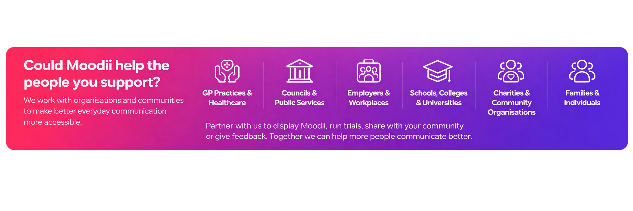 A digital graphic inviting support for Moody, mentioning collaboration with organizations and communities, with icons representing healthcare, public services, workplaces, educational institutions, charities, and families.