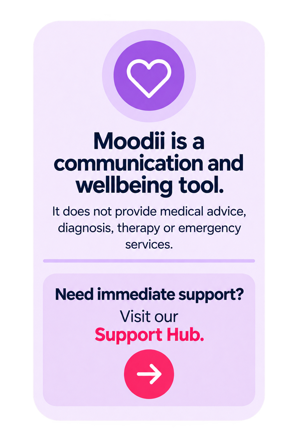 A mobile app screen with a purple heart icon at the top, followed by text explaining Moodii as a communication and wellbeing tool. It states it does not provide medical advice and offers a support hub for immediate support, with a pink arrow button below.