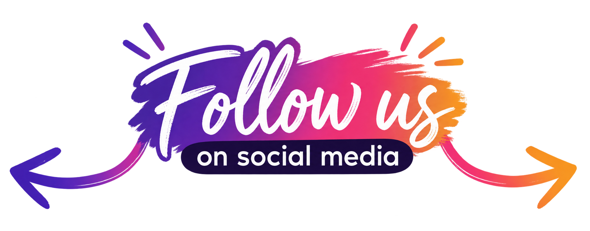 Colorful social media graphic with the text "Follow us on social media" in white, with purple, pink, orange, and yellow accents and arrows.