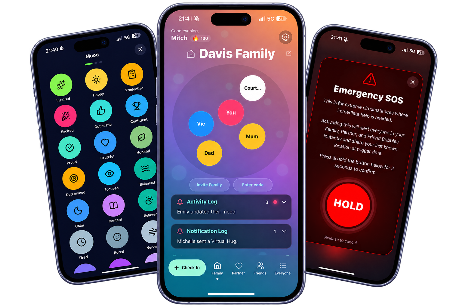 Three smartphones displaying different apps related to mood tracking, family organization, and emergency SOS.
