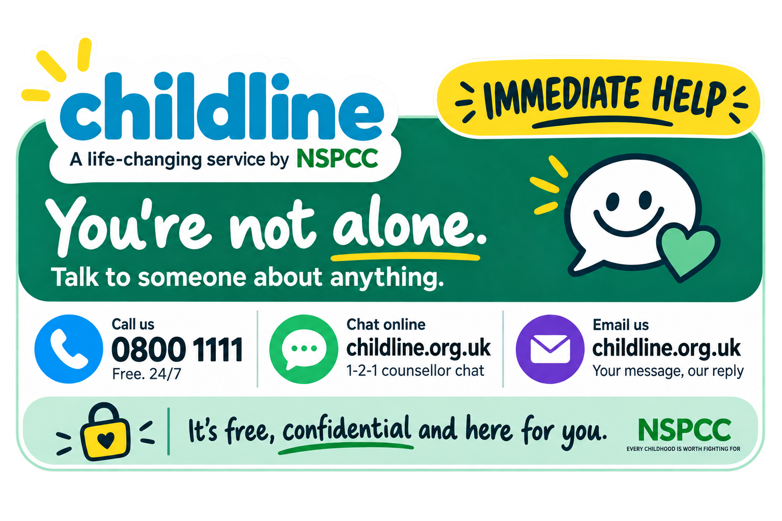 Childline logo with the slogan "You're not alone" and information about free, confidential support through phone, online chat, and email, provided by NSPCC.