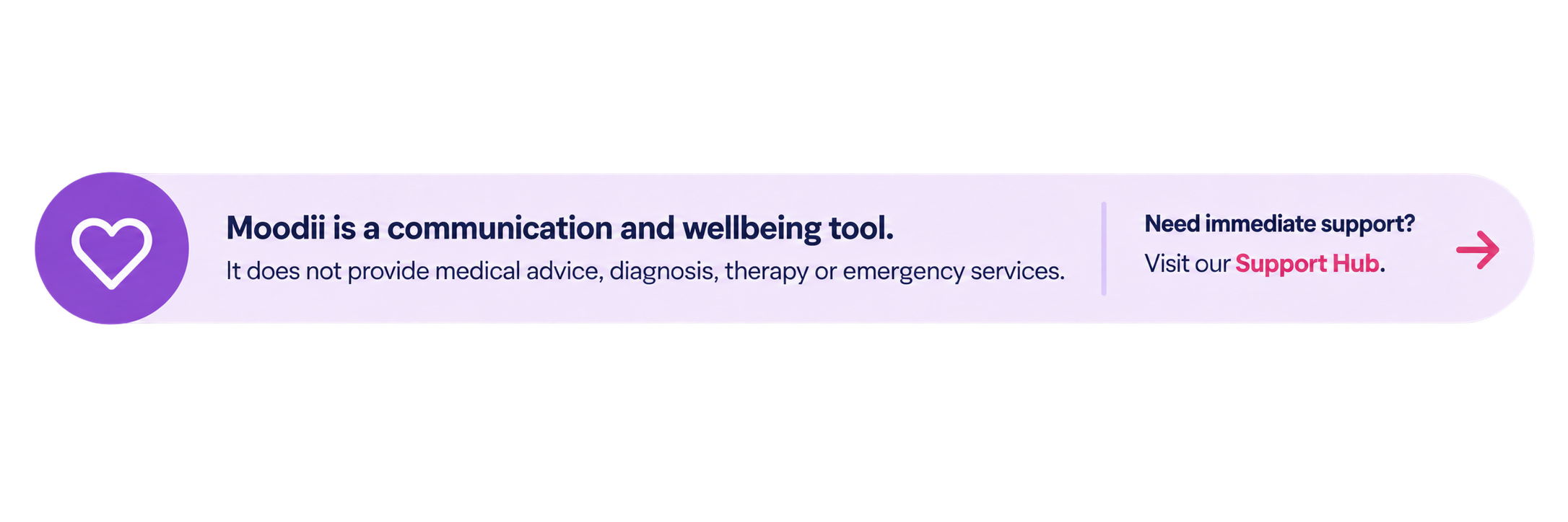 A digital informational banner with a purple heart icon on the left. The banner states that Moodii is a communication and wellbeing tool, noting it does not provide medical advice or emergency services. It offers support links on the right side, with a pink arrow indicating further assistance.