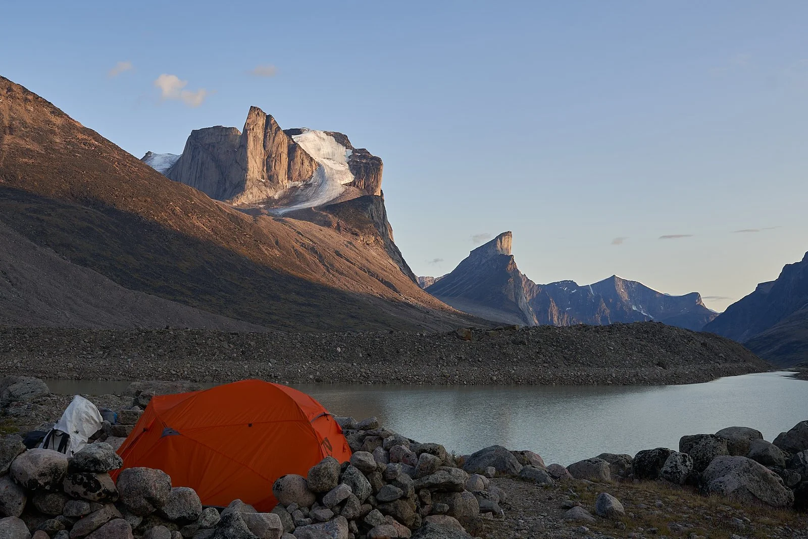 A scenic camping spot: looking south down the Akshayuk Pass. Photographed at 23:00 owing to the nearly 24-hour Arctic sun.