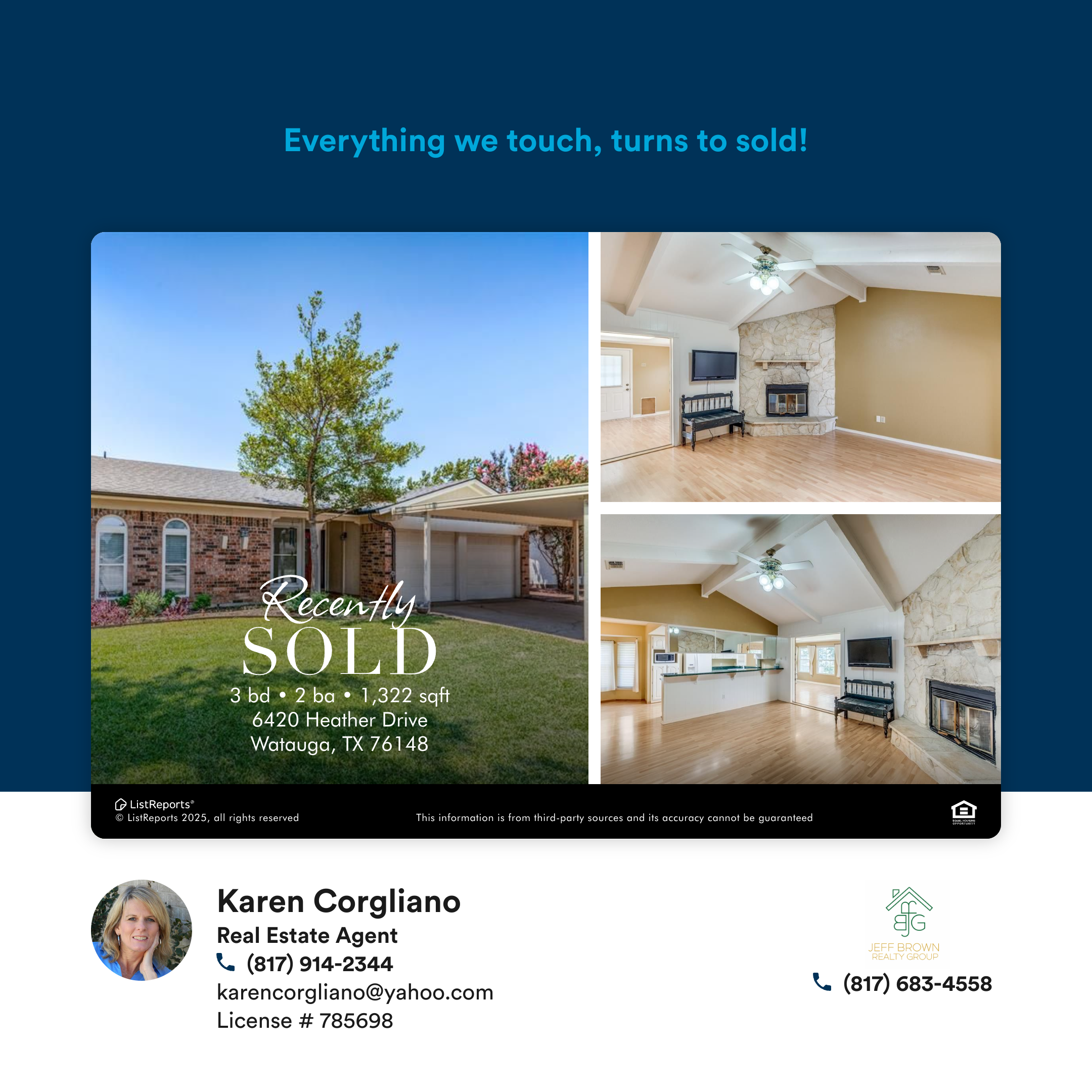 Real estate agent profile with photos of the interior and exterior of a house, contact information, and a "Recently Sold" sign with details of the property.