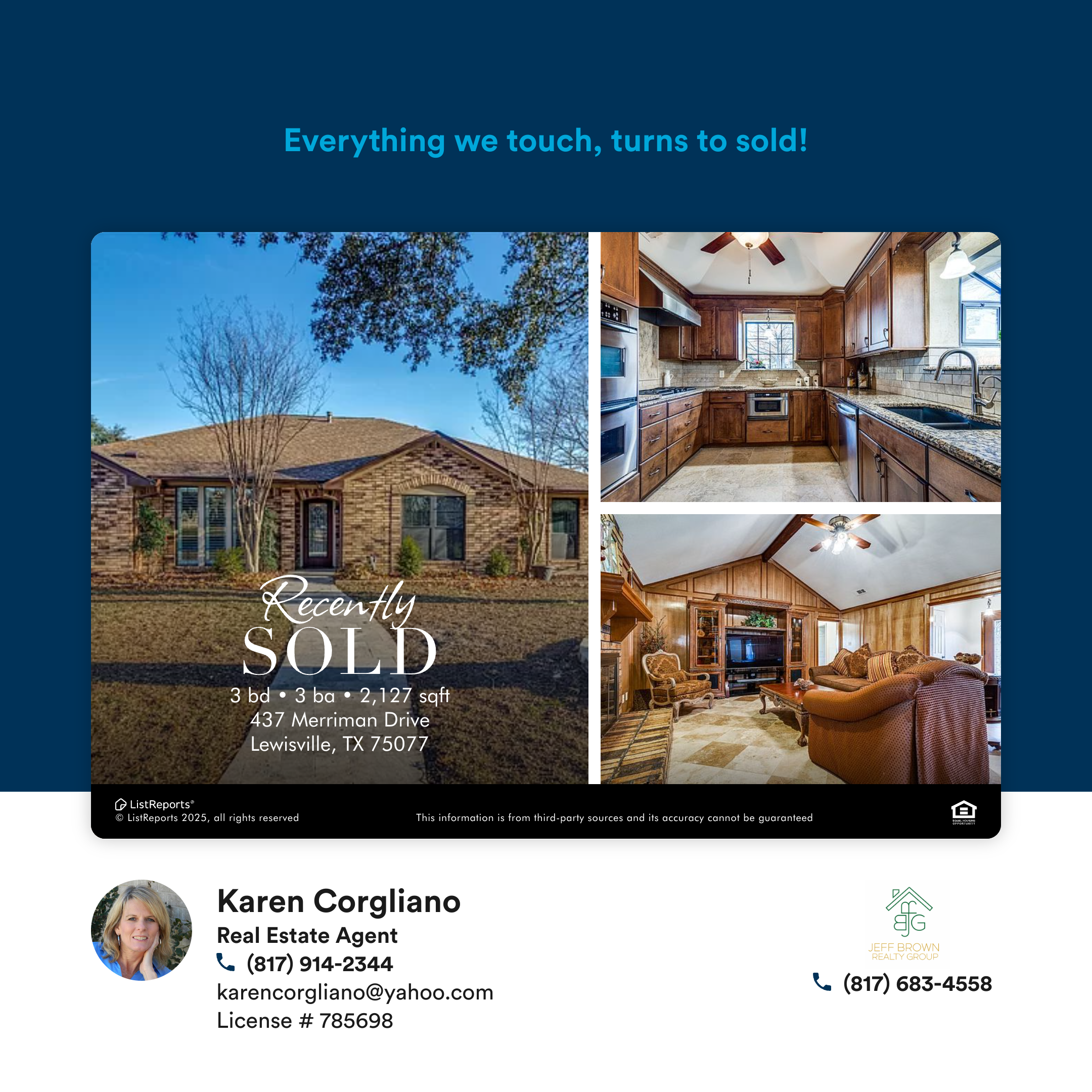 Real estate flyer for a sold house featuring a brick house with a front lawn, blue sky, and trees in the background, and interior photos of a kitchen with wooden cabinets and a living room with a fireplace, and contact information for a real estate a