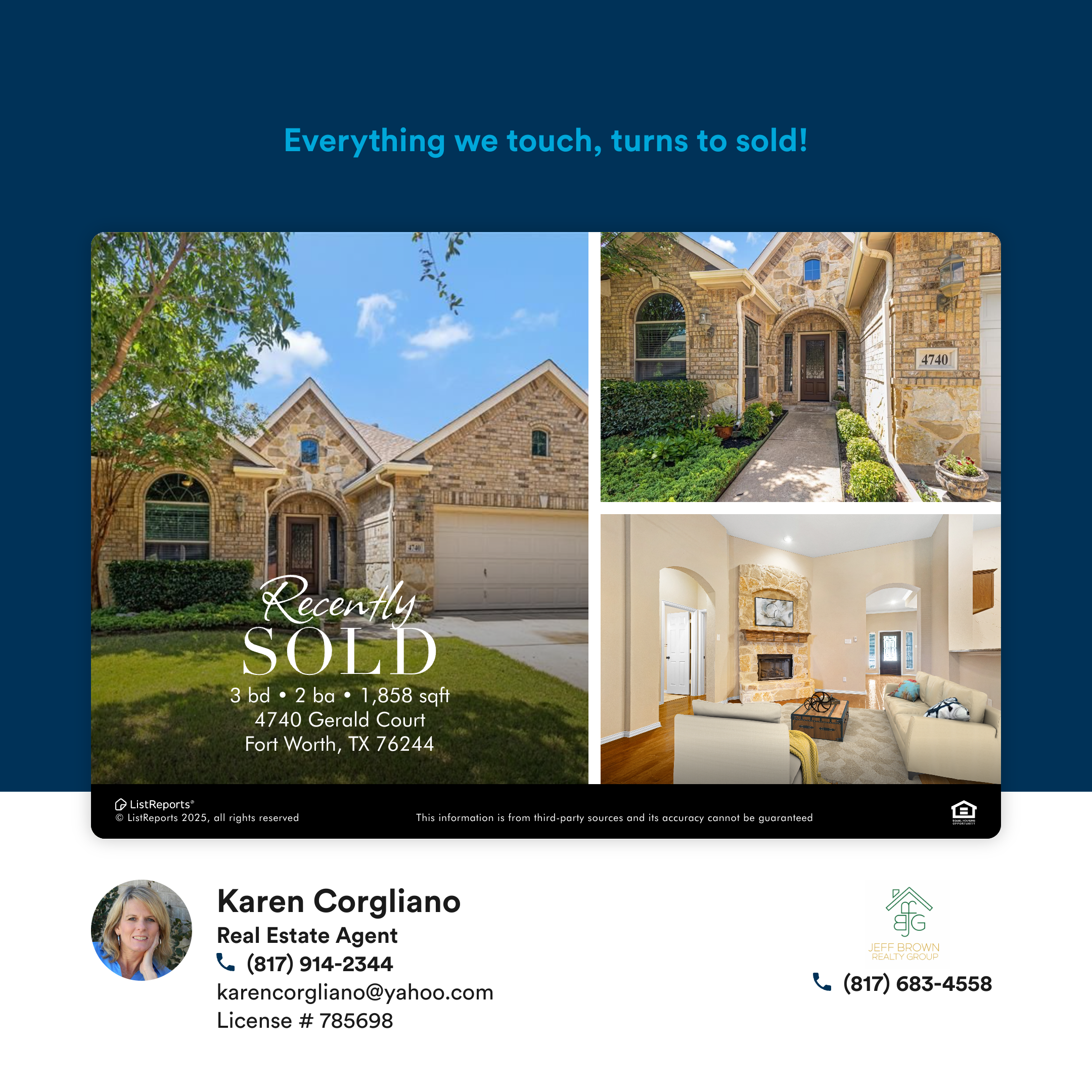 Real estate listing advertisement for a property at 4740 Gerald Court, Fort Worth, TX 76244, showing exterior images of a brick house with a front yard, and interior images of living rooms and entryway.