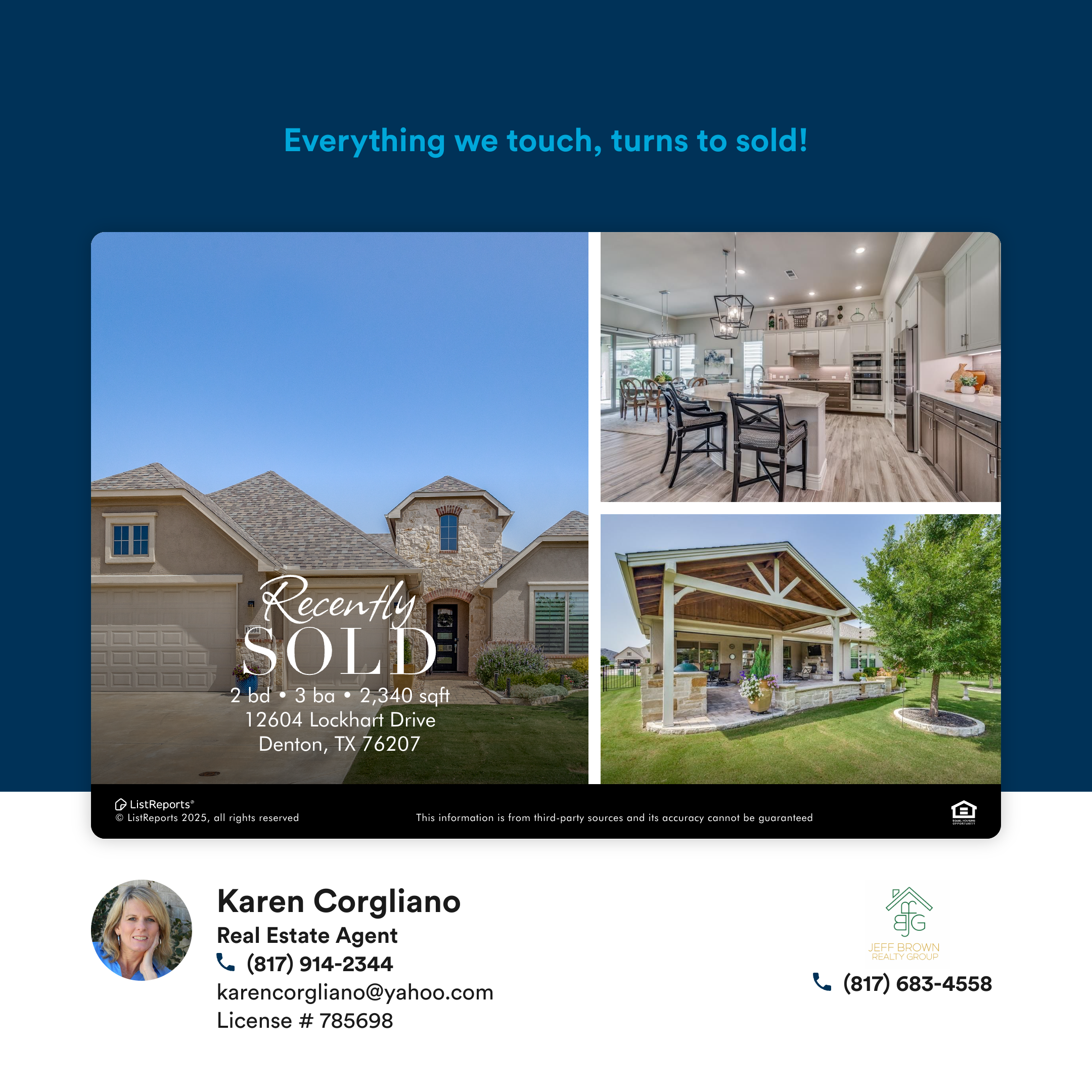 Real estate agent contact information and property listing advertisement for a house located at 12604 Lockhart Drive, Denton, TX 76207. The ad shows an exterior of a house with a garage, a living room, and an outdoor patio area.