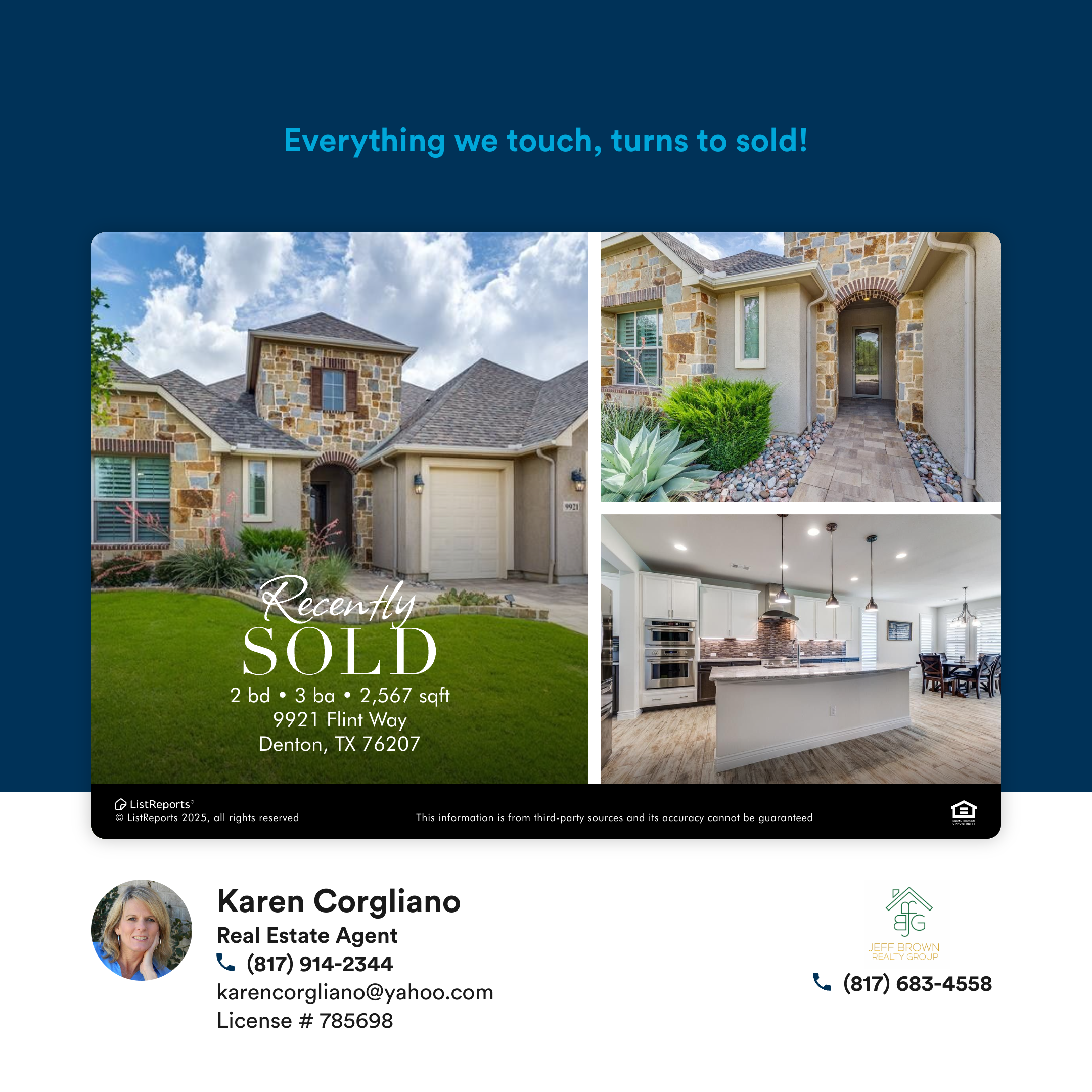 Real estate flyer with images of a house's exterior, interior kitchen, and a 'Recently Sold' sign. Contact information for a real estate agent is included.