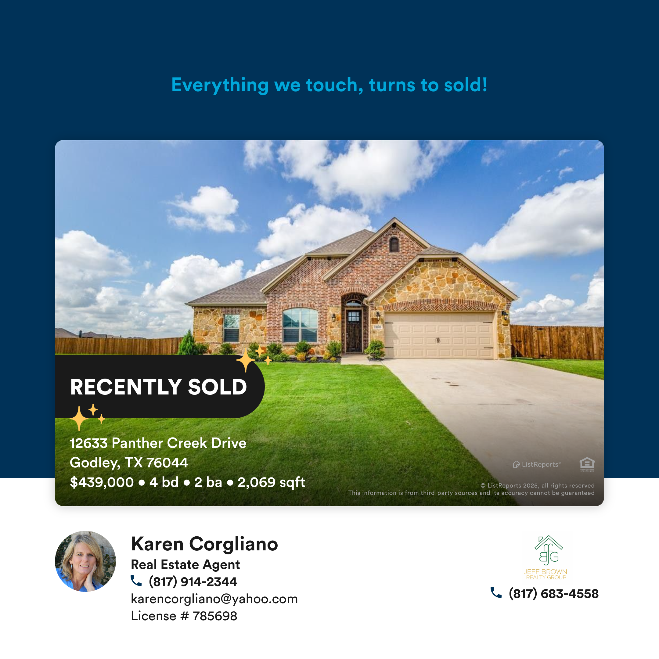 Real estate listing for a house at 12633 Panther Creek Drive, Godley, TX. Price $439,000, 4 bedrooms, 2 bathrooms, 2,069 sq ft. Features a brick and stone facade, front yard with lawn and bushes, driveway leading to a garage, blue sky with clouds.