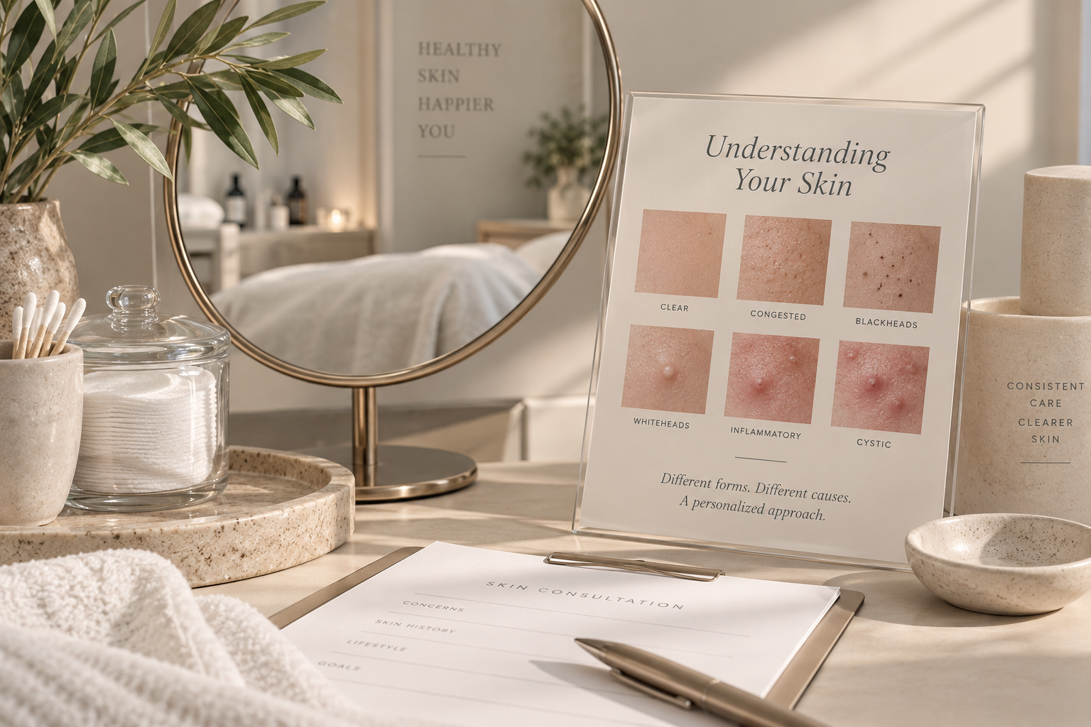 A skincare consultation setup with a mirror, a framed skin type chart, a skincare consultation form, and various skincare containers with cotton swabs and cotton pads on a marble tray.