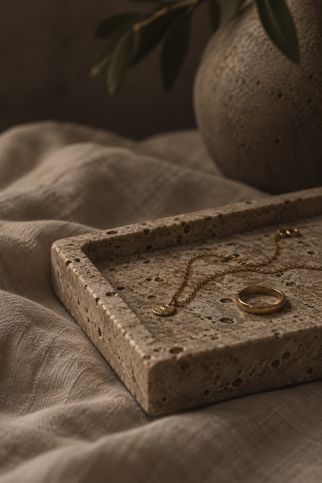 Gold necklace and ring on a textured stone tray, with a large ceramic vase and green leaves in background, on a soft fabric surface.
