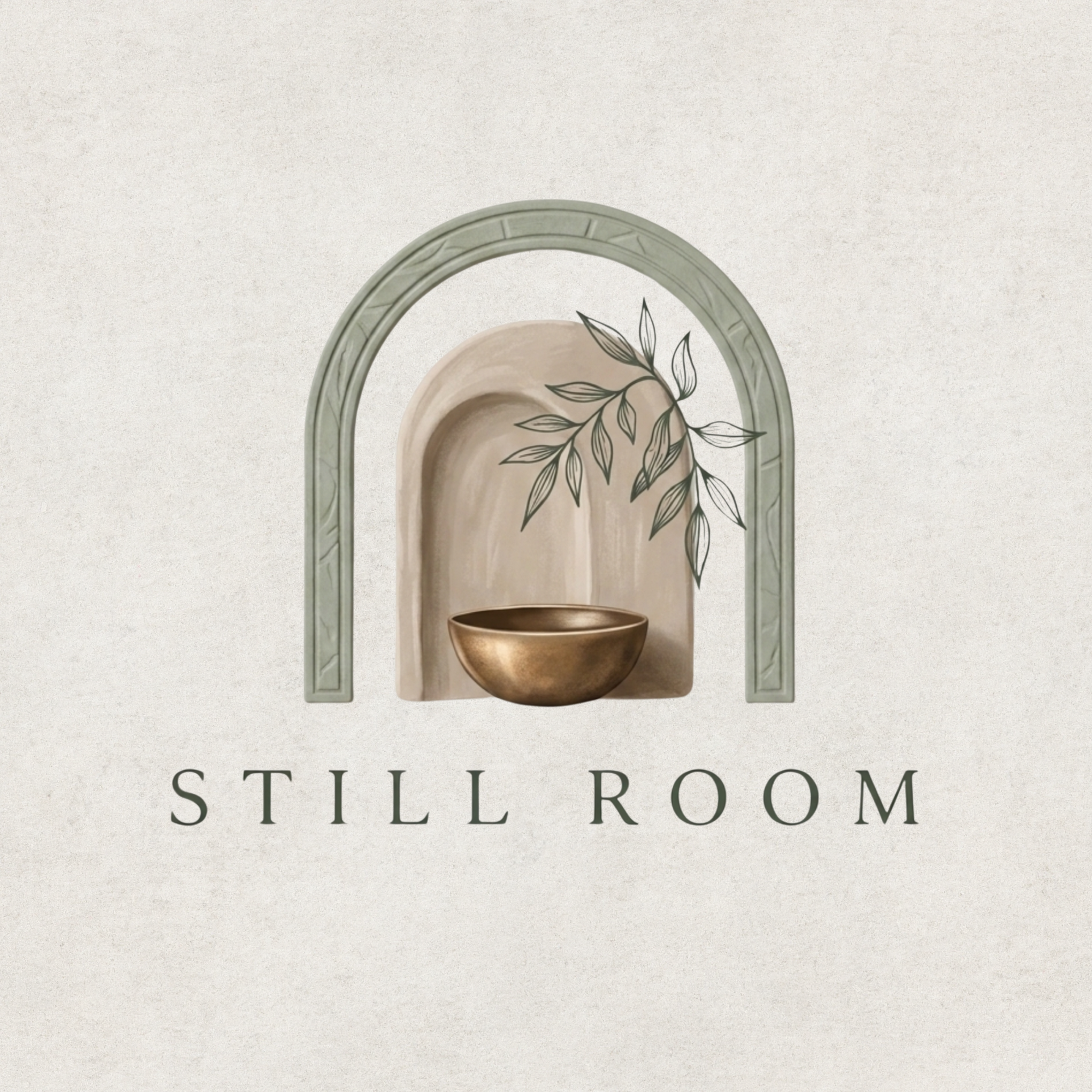 A logo for 'Still Room' featuring a minimalistic illustration of a decorative archway with a circular base, a beige background, and the words 'STILL ROOM' beneath in large, black letters.