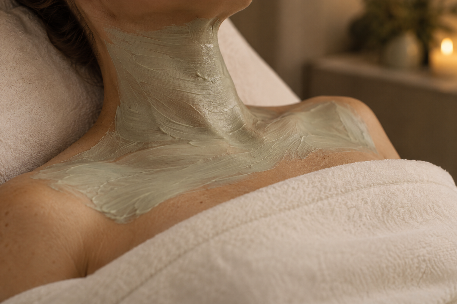Close-up of a person receiving a body or neck scrub massage with a creamy, textured scrub on their neck and shoulders, wrapped in a towel.