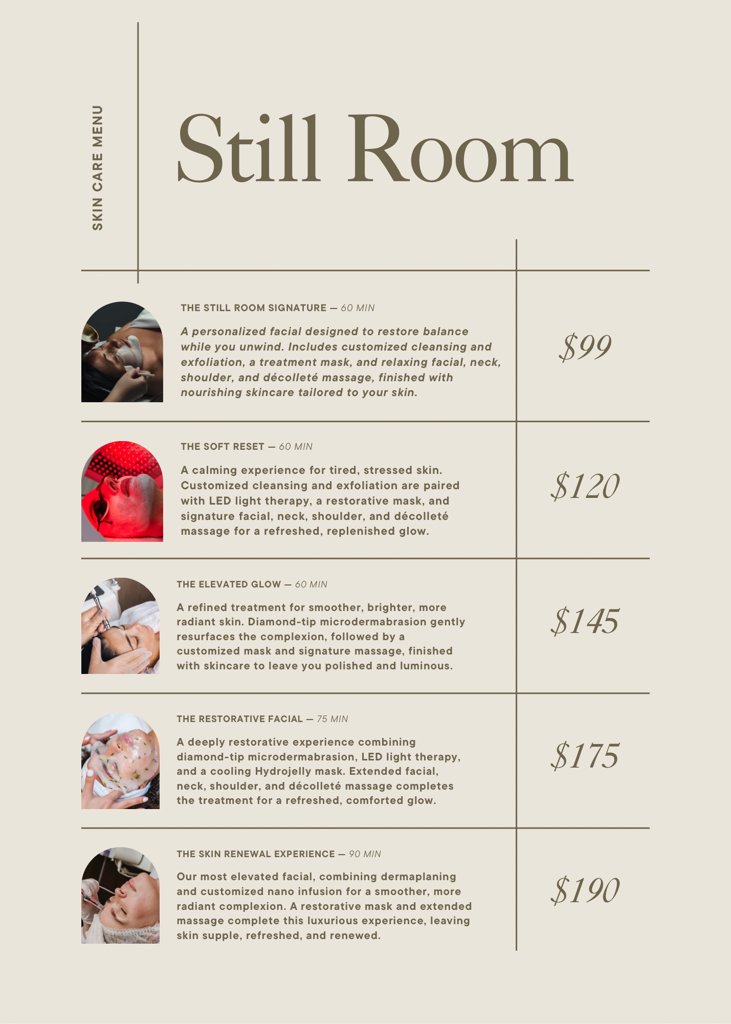 Spa menu with skin care treatments like facials and microdermabrasion, featuring images of people receiving treatments and prices listed.