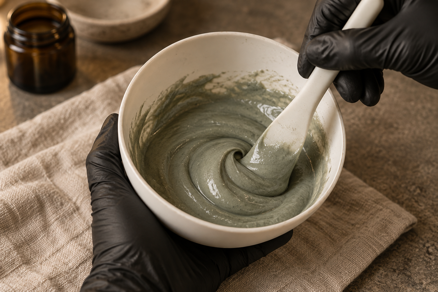 Person wearing black gloves mixing grey clay or mud in a white bowl with a white spatula.