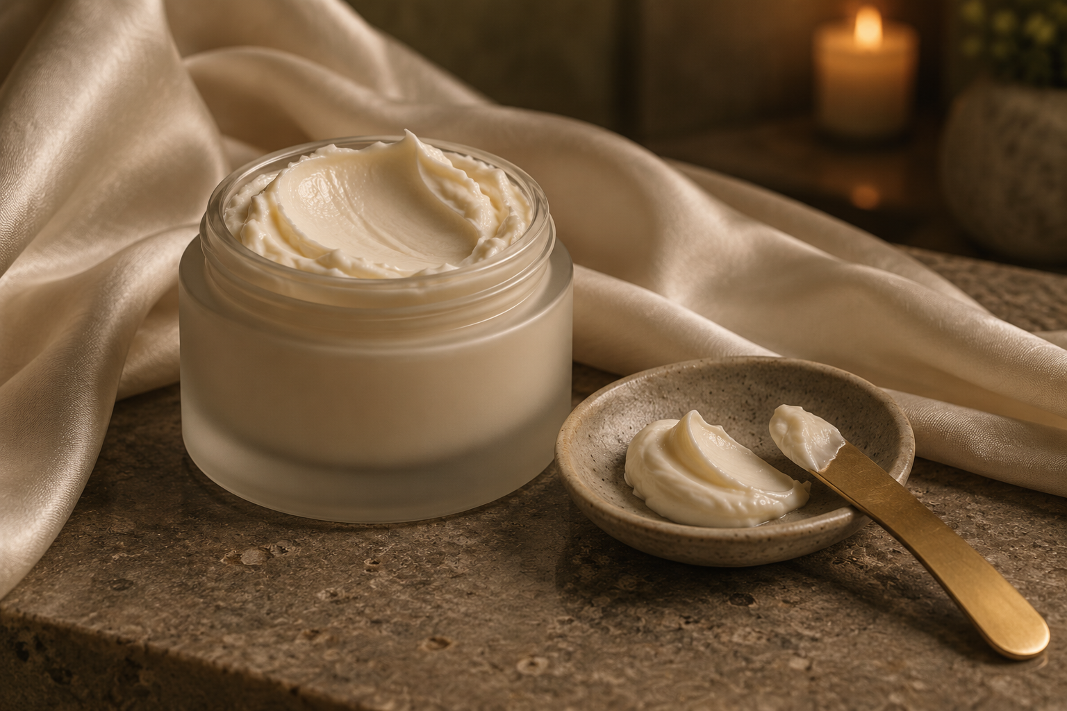 A jar of creamy white moisturizer with a small dish containing a dollop and a spatula on a textured surface, with a softly lit candle and a plant in the background.