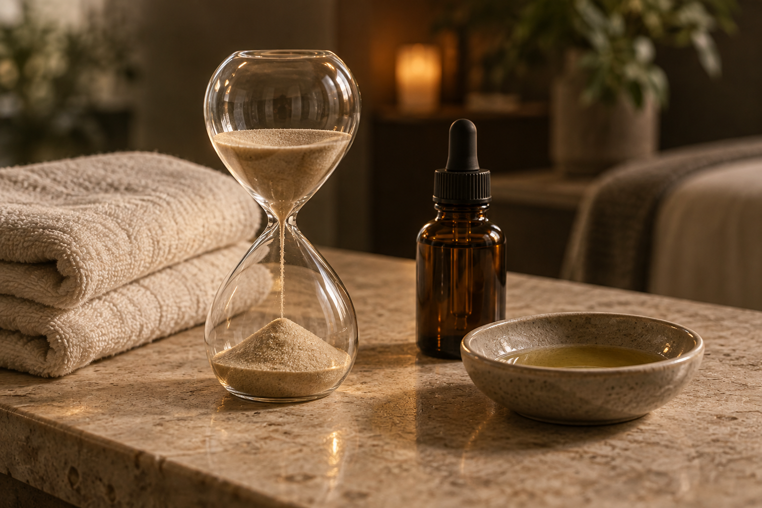 An amber glass dropper bottle, an hourglass with sand, a bowl of green oil, and folded towels on a marble countertop in a cozy, dimly lit room.