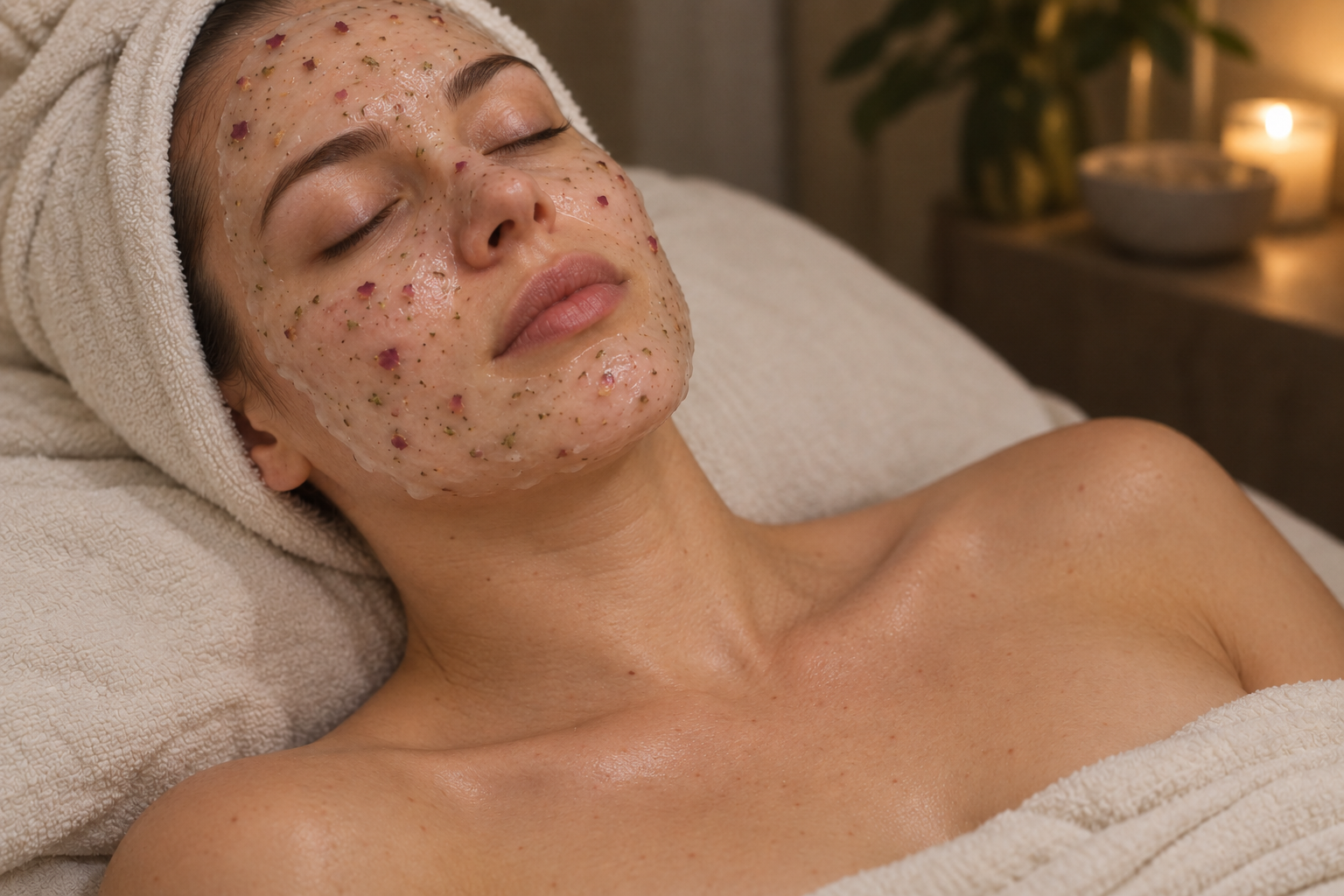 A woman with a towel wrapped around her head receiving a facial treatment, with a facial mask that contains exfoliating herbs and flower petals.