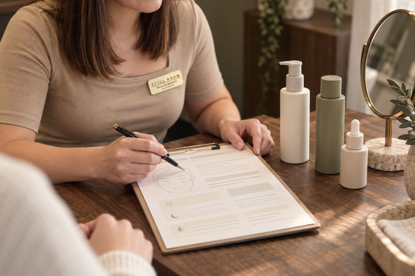 A woman at a spa or skincare clinic filling out a skincare consultation form. She has a name tag, various skincare bottles on the table, and a mirror in the background.