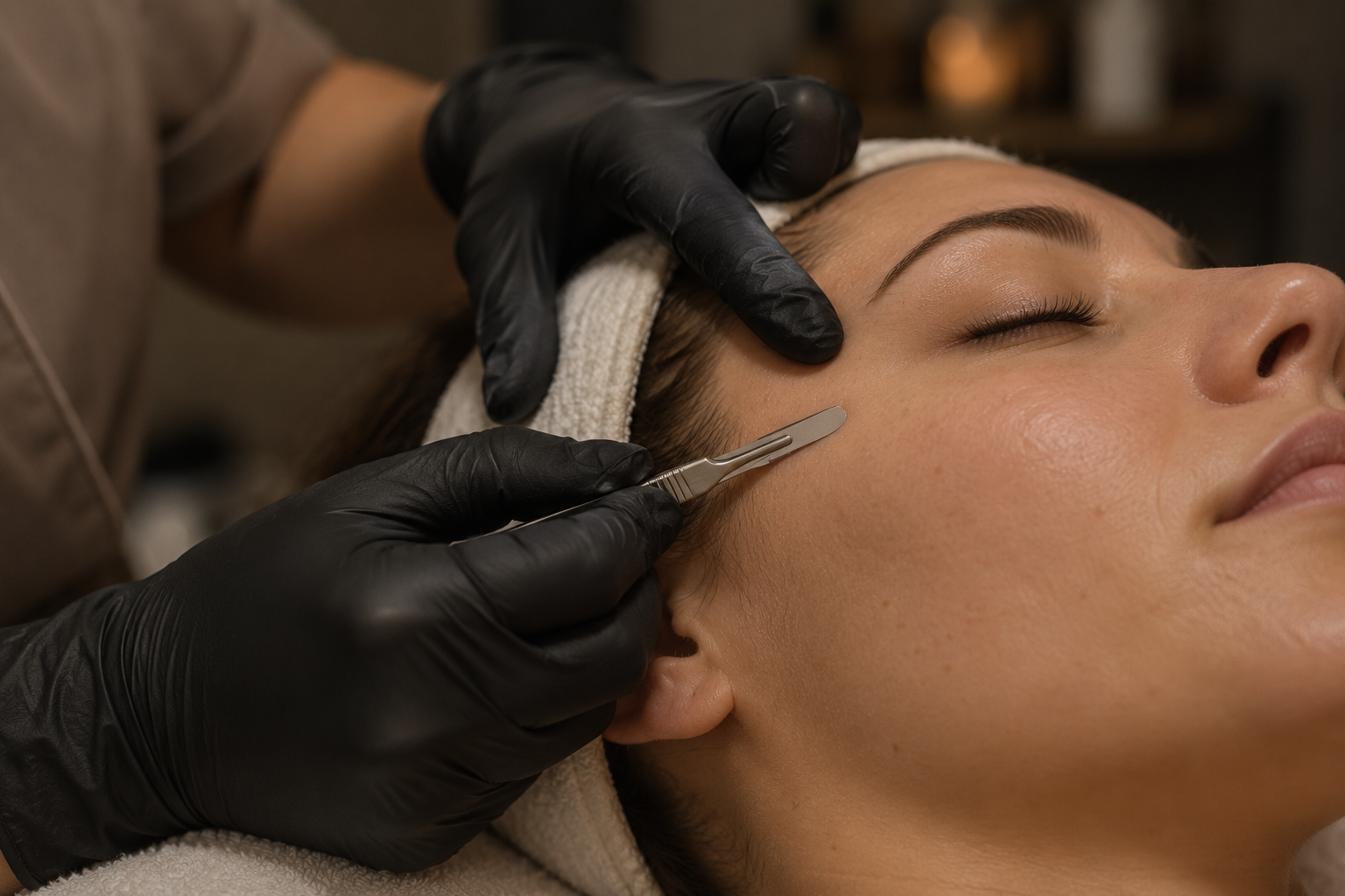 Close-up of a woman receiving a cosmetic procedure on her face, with a gloved hand holding a surgical tool near her cheek.