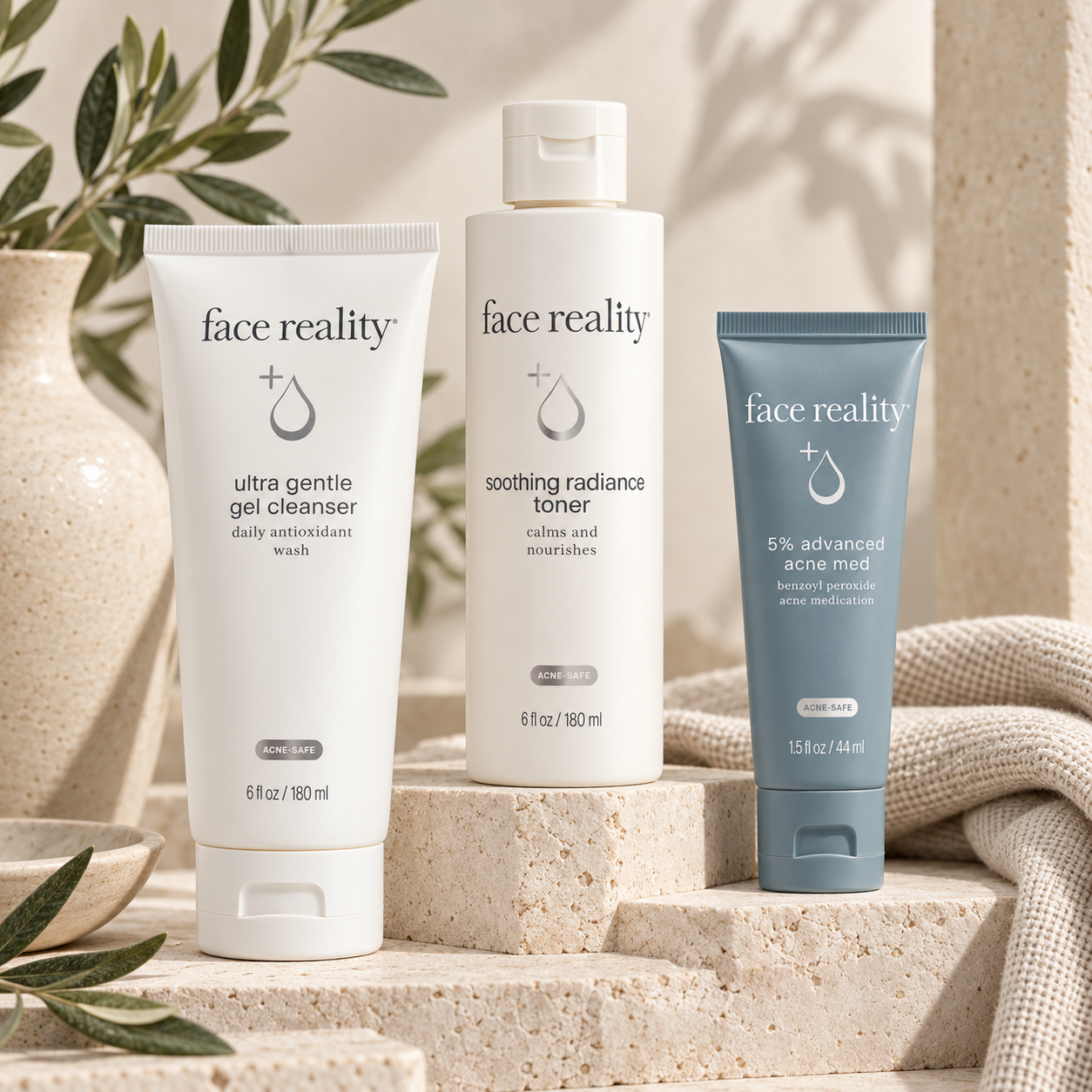 Skincare products from Face Reality, including a gel cleanser, a toner, and an acne medication, displayed on stone platforms with a background of greenery and neutral decor.