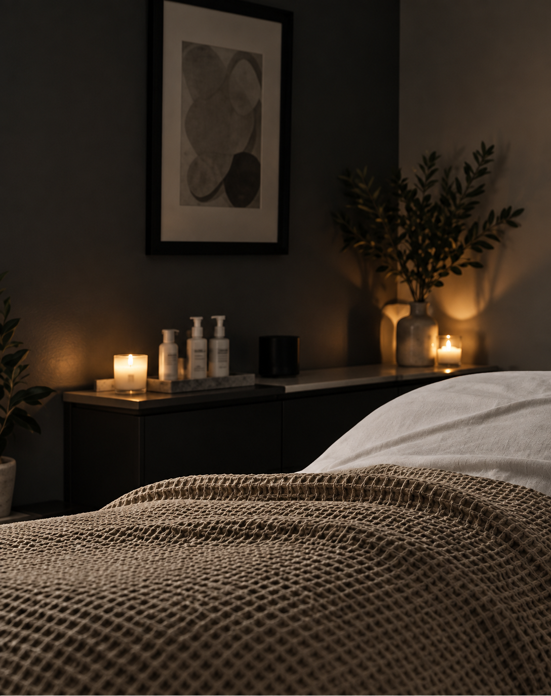A cozy bedroom scene with dim lighting, candles on a black dresser, a large potted plant, framed abstract artwork on a dark gray wall, and a bed with textured beige blankets.