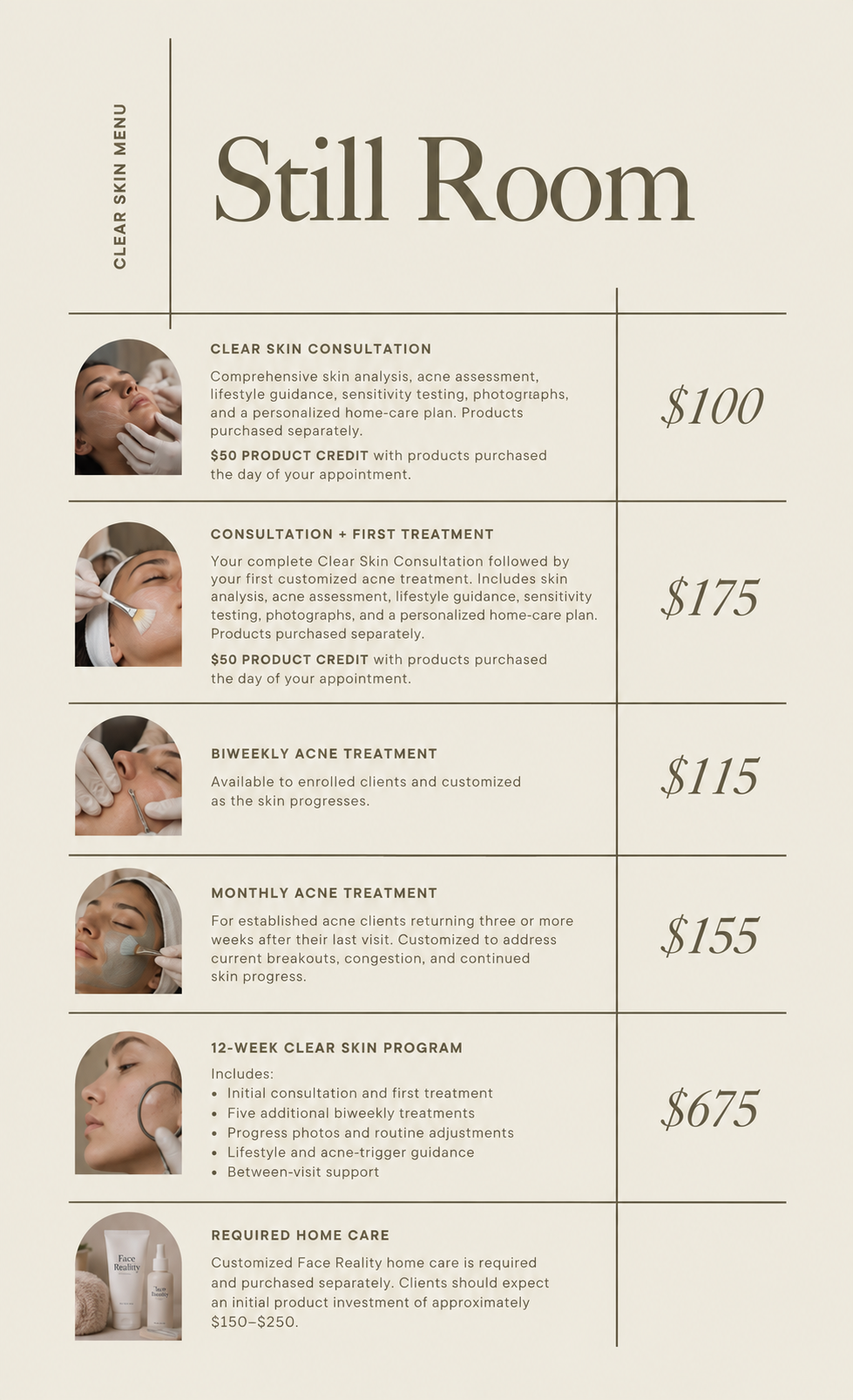 Image of a skincare service menu titled 'Still Room' featuring various acne treatment options with prices ranging from $100 to $675, including descriptions and photos of skincare procedures.