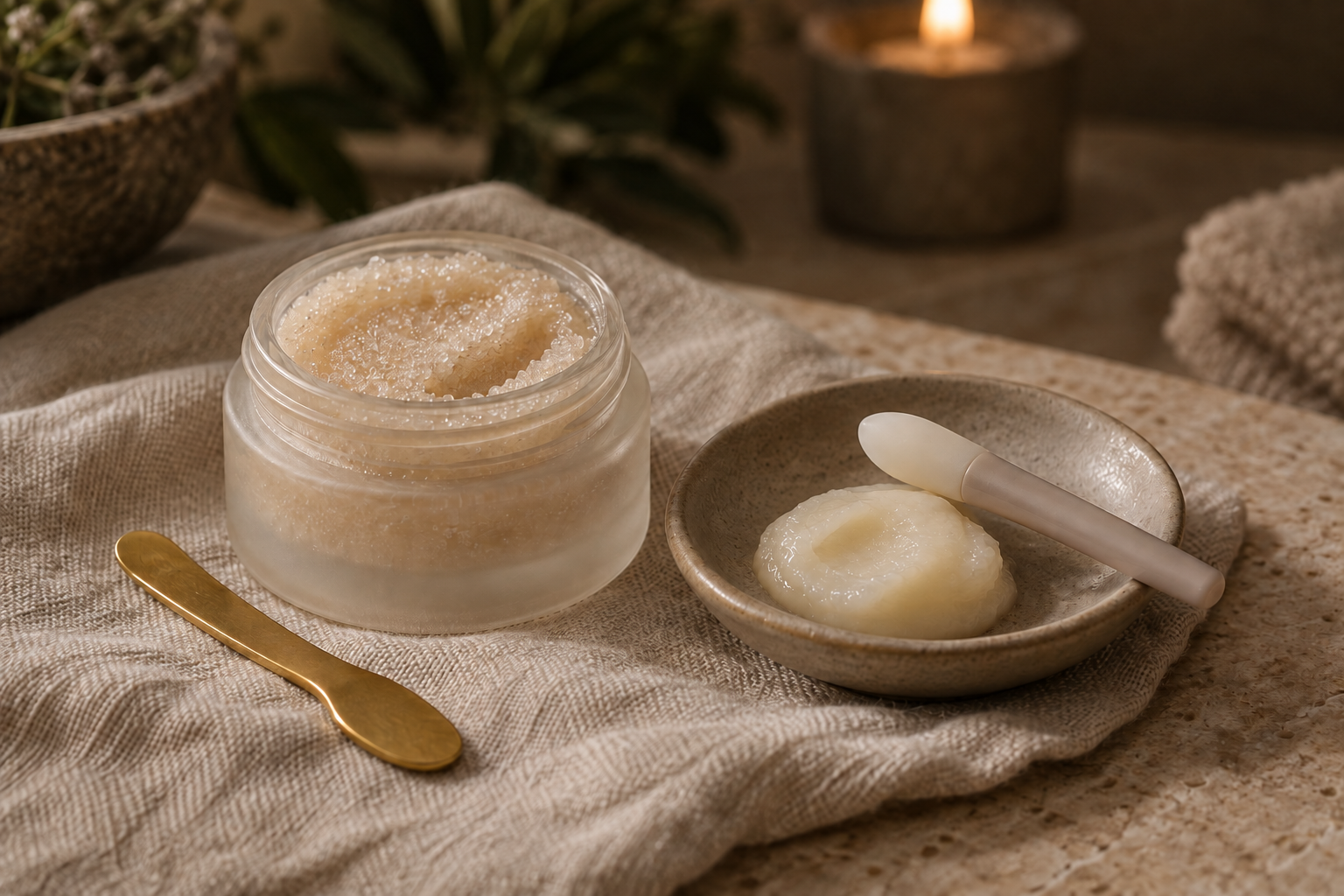 A jar of beige scrub with salt crystals, a small bowl with a white beauty tool and a dollop of cream, a golden spatula, on a beige cloth, in a calm spa setting.