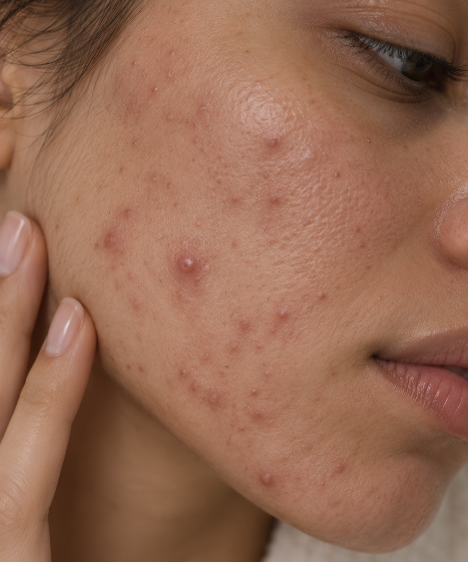 Close-up of a person's cheeck showing acne and pimples.