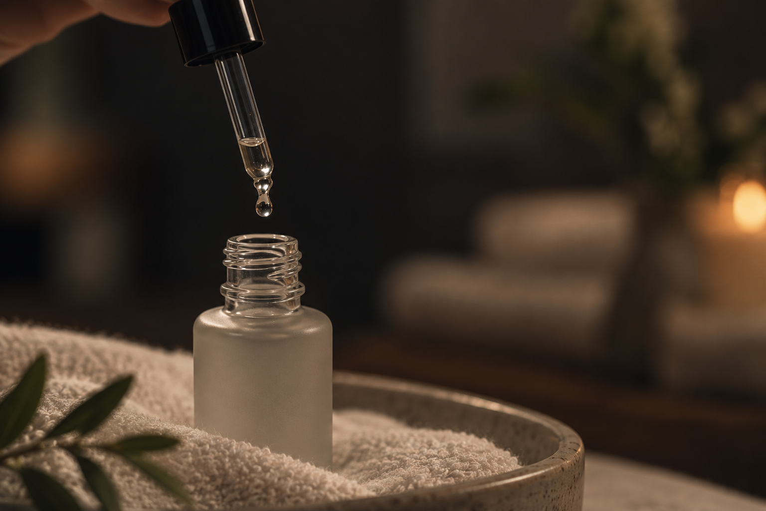 A dropper releasing a liquid into a frosted glass bottle, with a blurred background and some green leaves in the foreground.