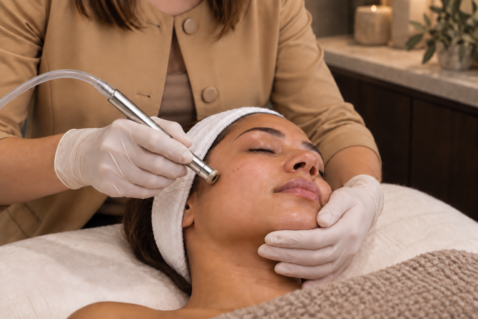 Woman receiving a facial treatment with a skincare device in a spa or clinic setting.