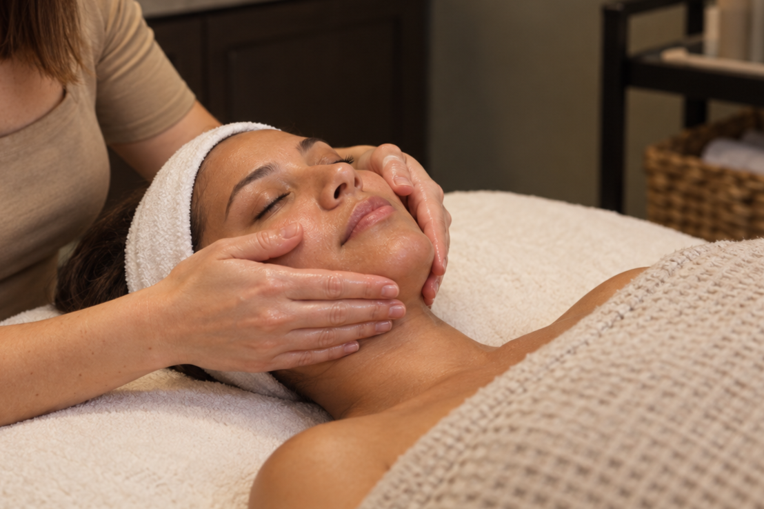 A woman receiving a facial massage at a spa, lying on a massage table with a white towel wrapped around her hair.