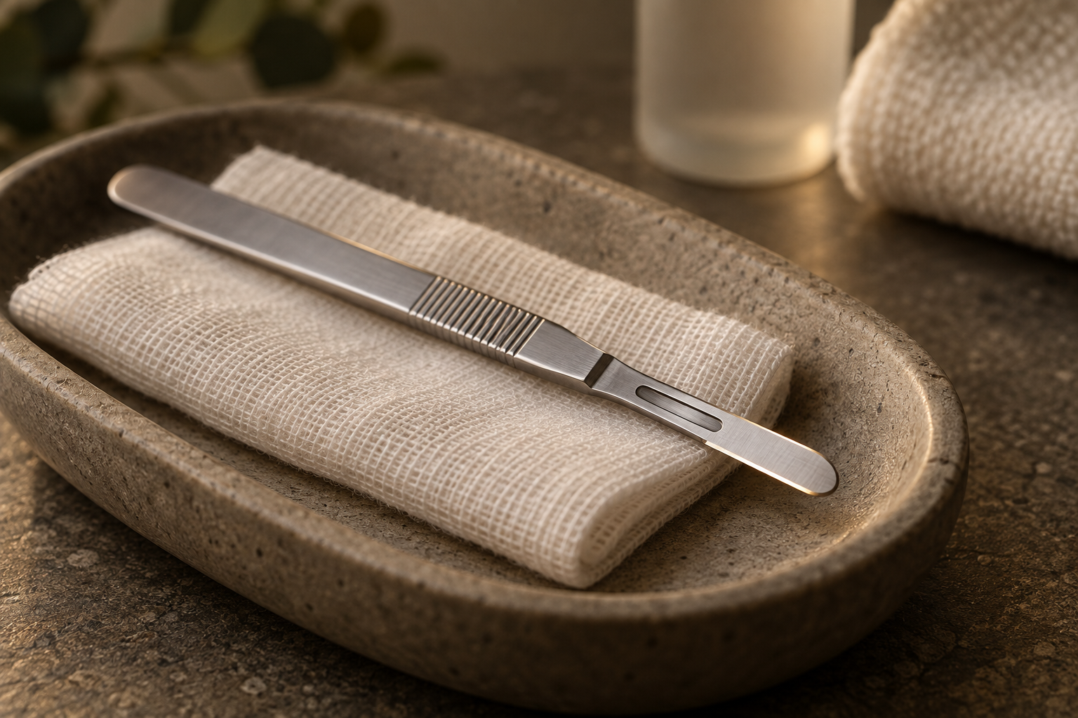 A pair of metal tweezers resting on a folded textured towel on a stone soap dish, with a glass of beverage and a rolled towel in the background.