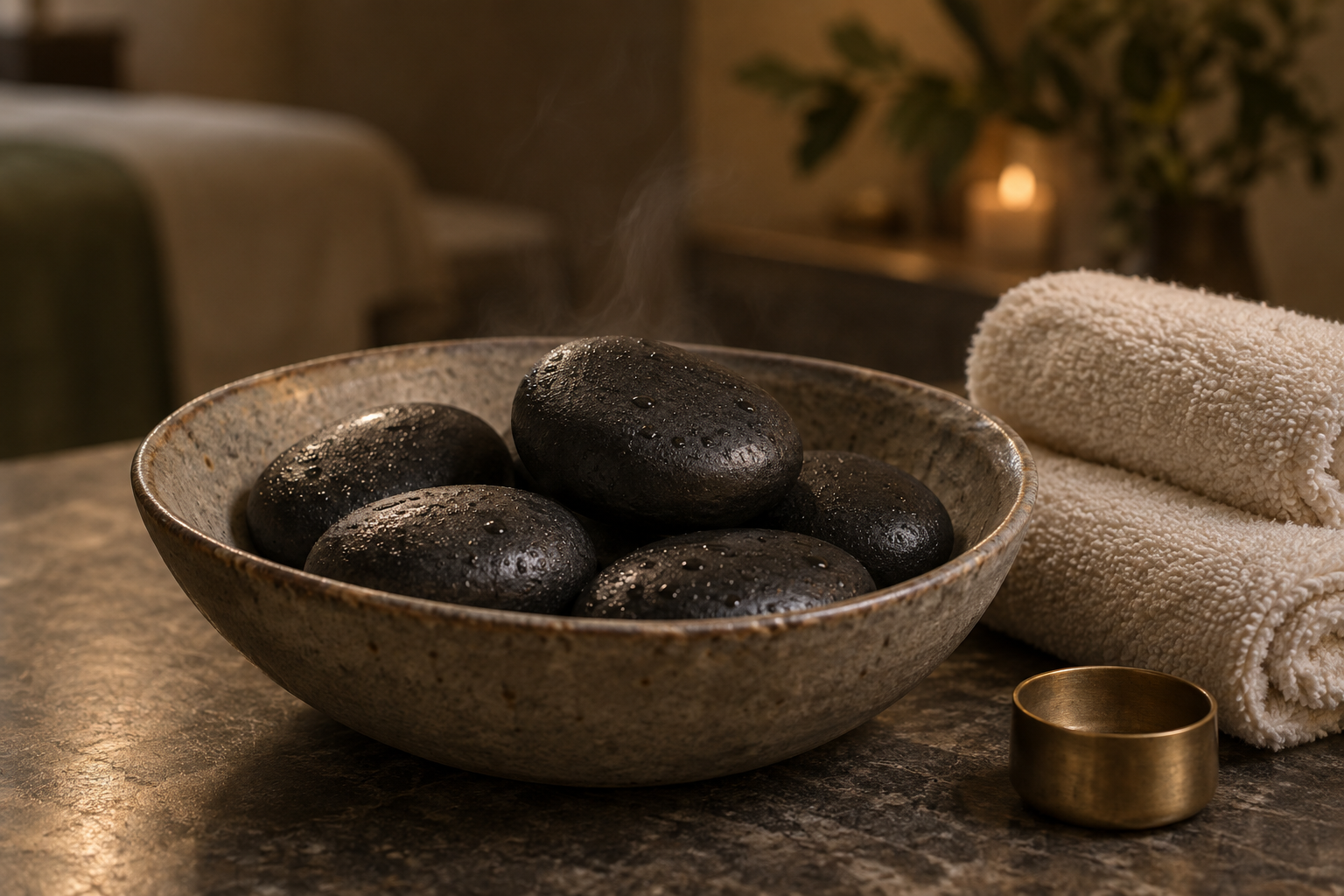 Hot stones in a ceramic bowl, steam rising, with rolled white towels and a small brass container beside on a spa table, in a relaxing spa setting.