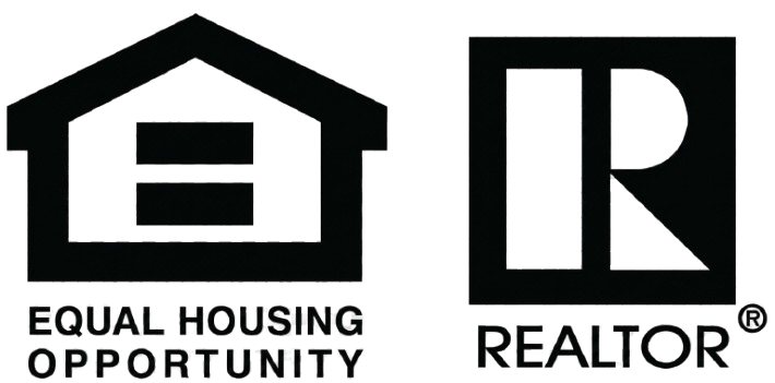 The image features two black and white logos side by side. The logo on the left shows a house outline with an equal sign inside, representing 'Equal Housing Opportunity.' The text beneath reads 'EQUAL HOUSING OPPORTUNITY.' The logo on the right displays the letters 'R' and 'R' enclosed in a square, representing 'Realtor,' with the word 'REALTOR®' below it.