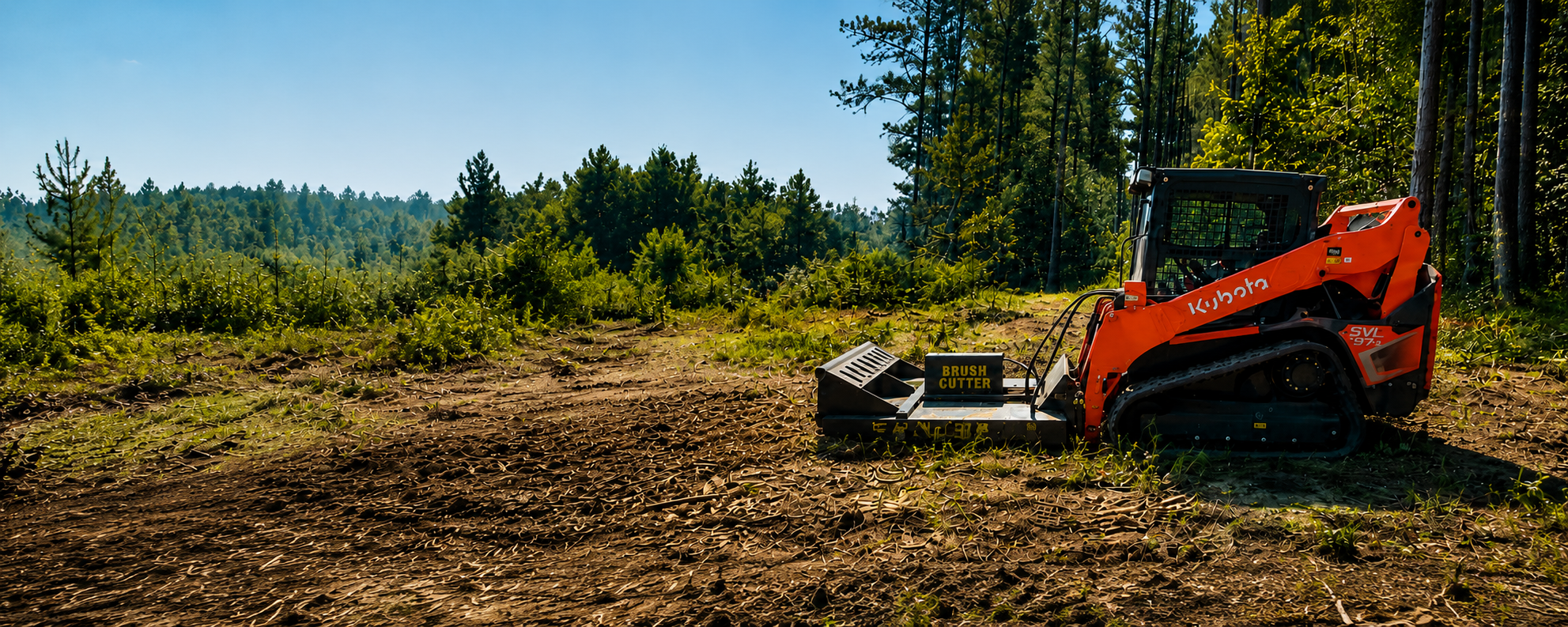 A small orange Kubota skid steer loader with a brush cutter attachment working on a dirt field in a forested area, with green trees and blue sky in the background.
