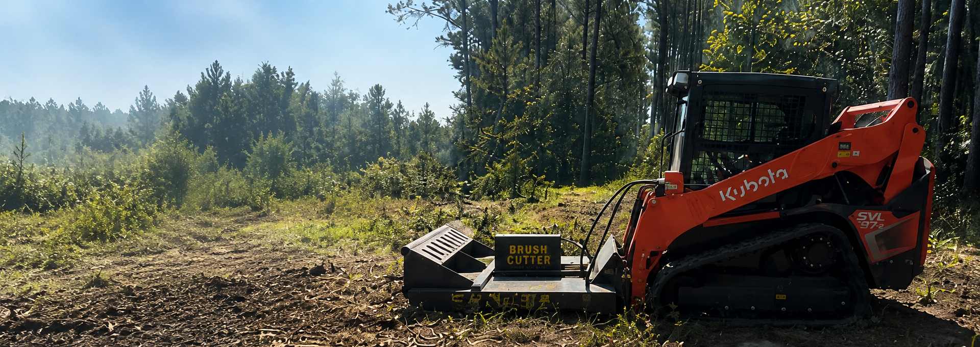 A Kubota SVL 97-2 compact track loader with a brush cutter attachment working on a dirt path in a wooded area, with tall trees and green foliage in the background.