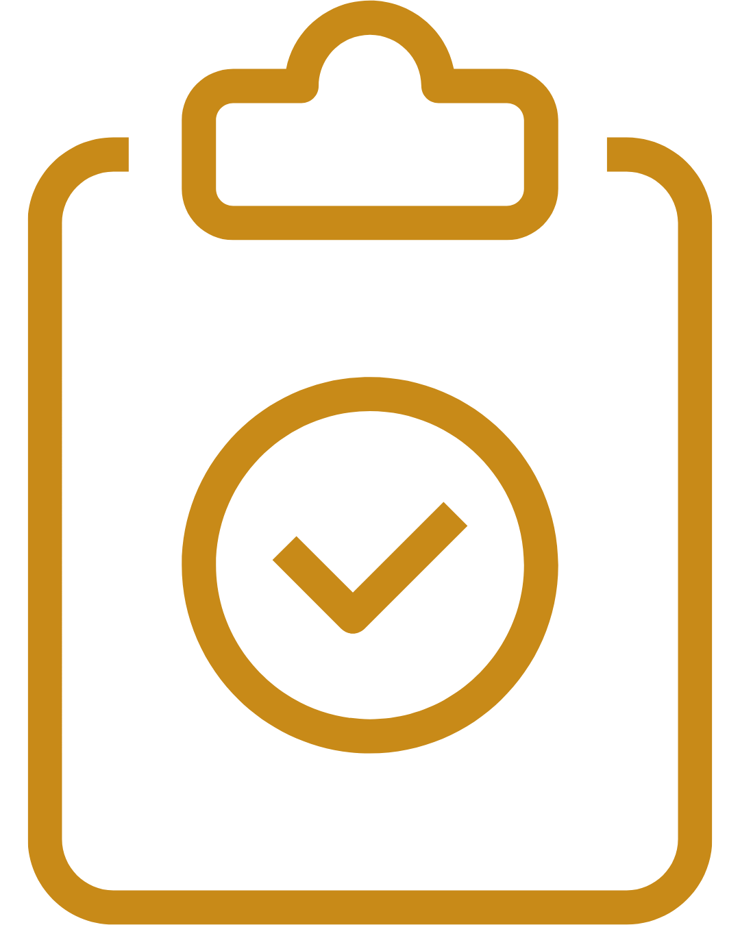 Icon of a clipboard with a checkmark inside a circle in the center.