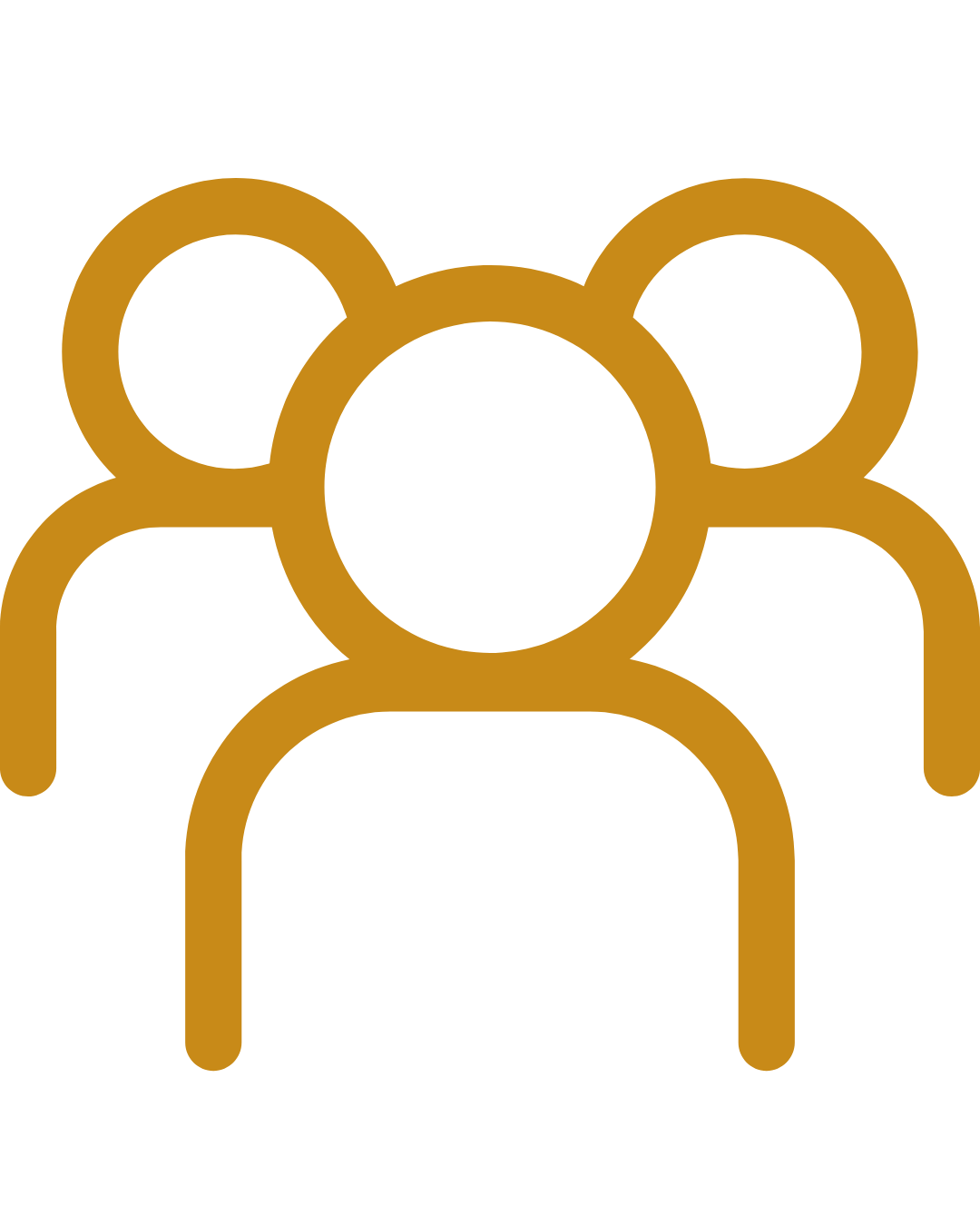 Icon of a group of five people outlined in gold on a black background.