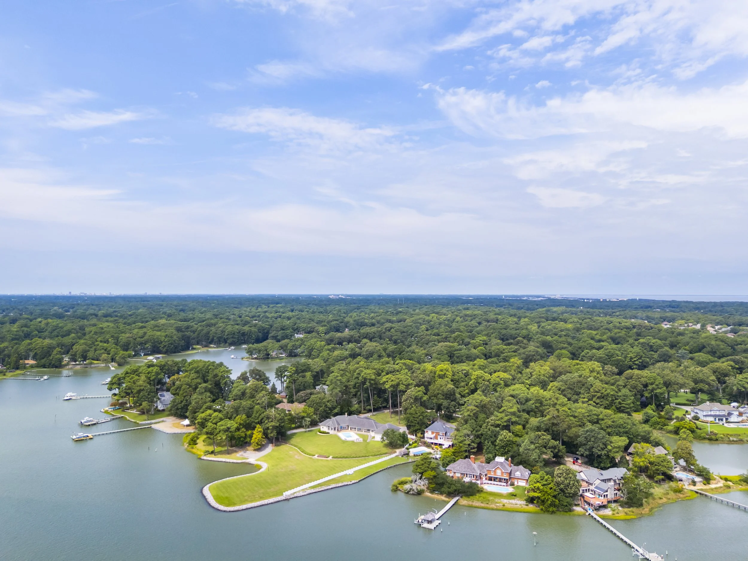 Aerial view of a residential area with houses surrounded by trees and a body of water with boat docks and a small island, under a partly cloudy sky.