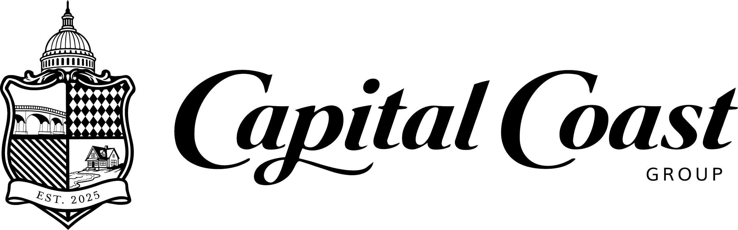 Logo of Capital Coast Group featuring a crest with a dome-shaped building, a house, and the text 'EST. 2025'.
